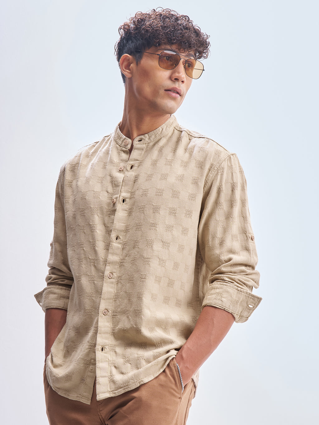 Highlander Men Khaki Self Design Relaxed Fit Casual Shirt - Khaki - Image 4