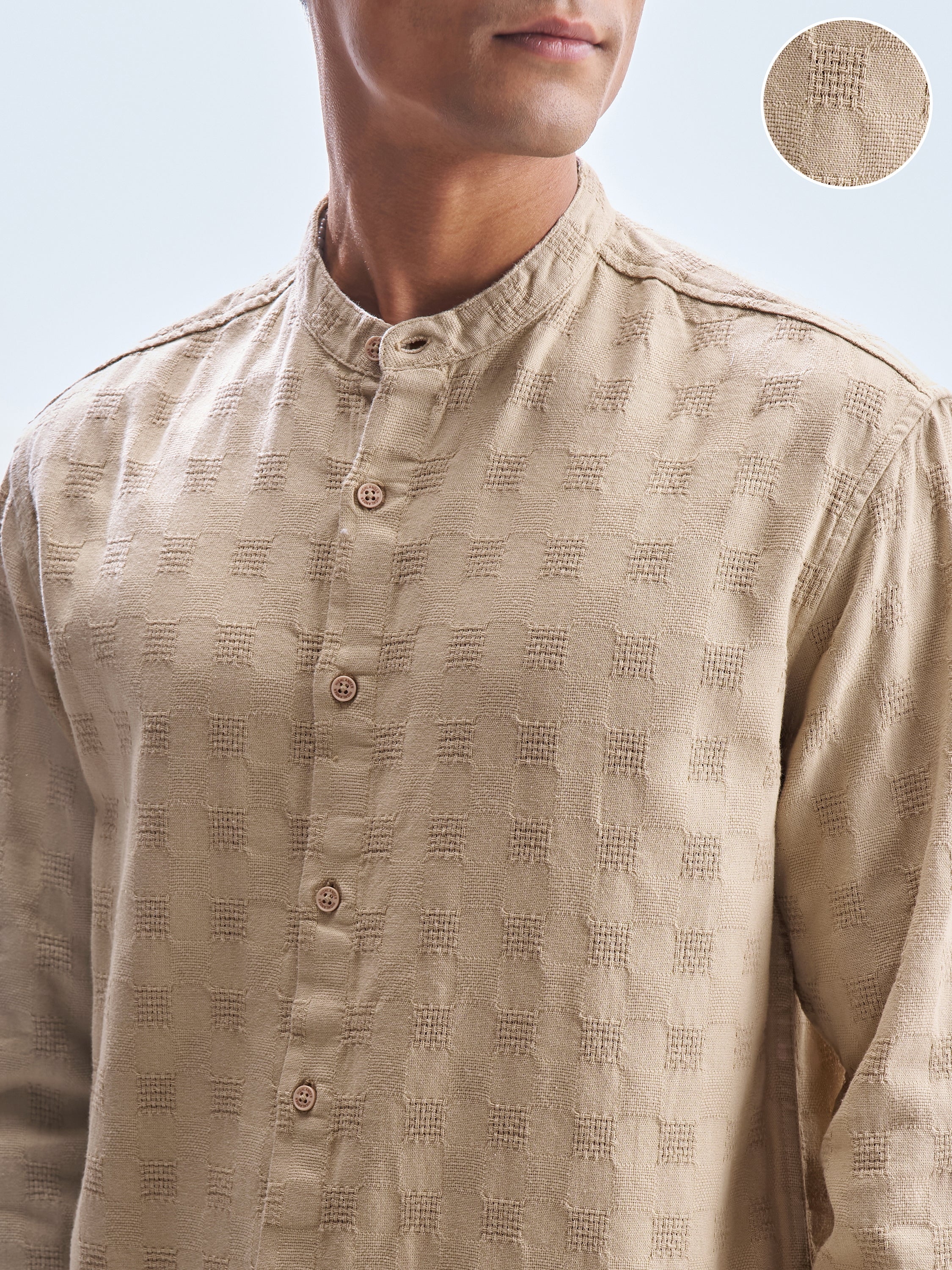 Highlander Men Khaki Self Design Relaxed Fit Casual Shirt - Khaki - Image 5