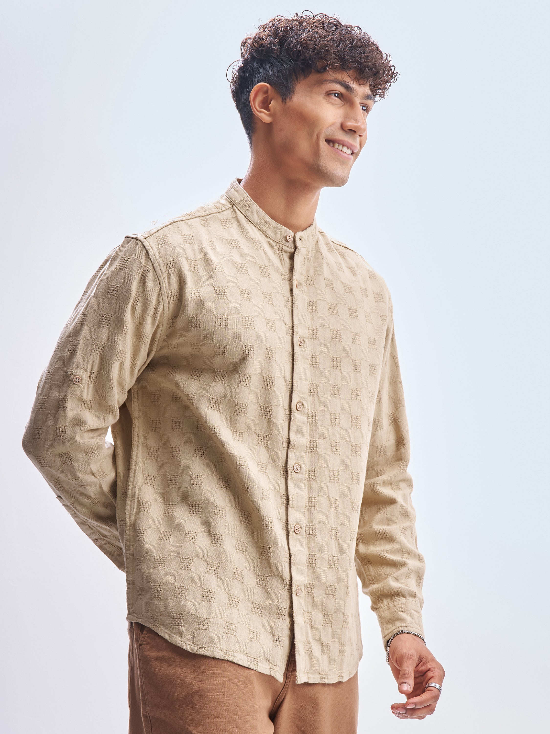 Highlander Men Khaki Self Design Relaxed Fit Casual Shirt - Khaki - Image 6