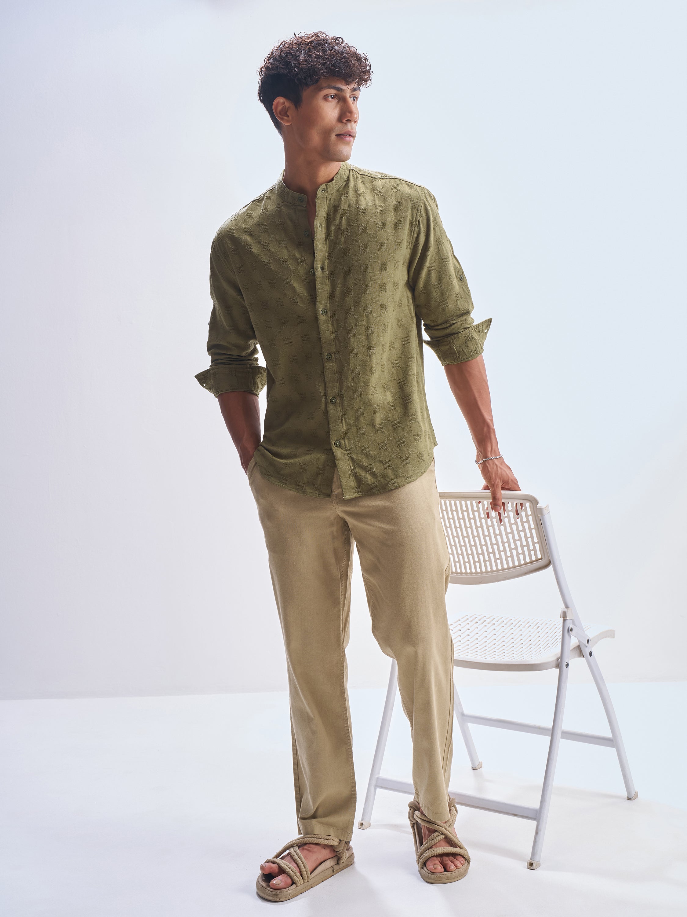 Highlander Men Green Self Design Relaxed Fit Casual Shirt - Green - Image 2
