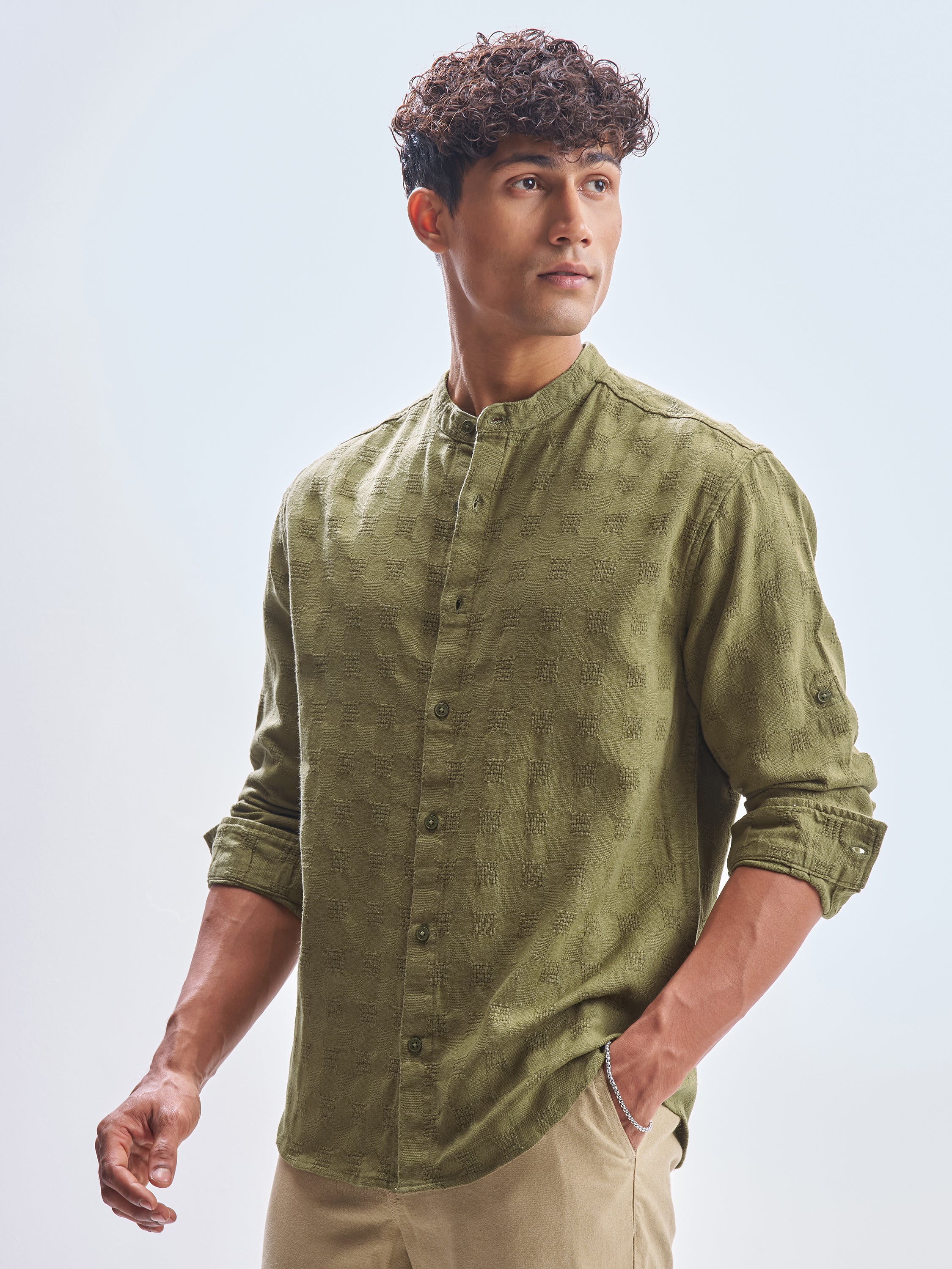 Highlander Men Green Self Design Relaxed Fit Casual Shirt - Green - Image 4