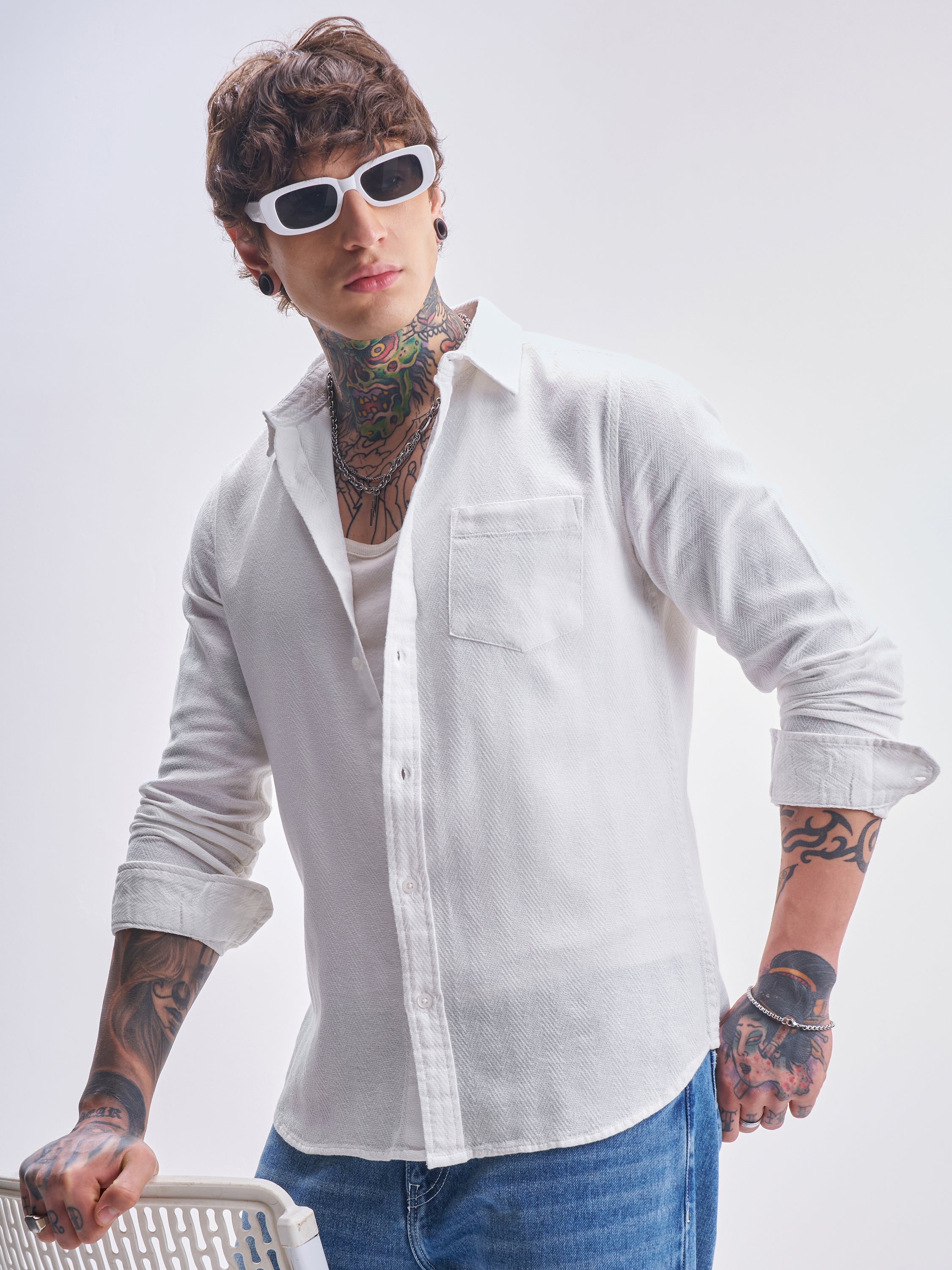 Highlander Men White Self Design Slim Fit Casual Shirt - White - Image 1