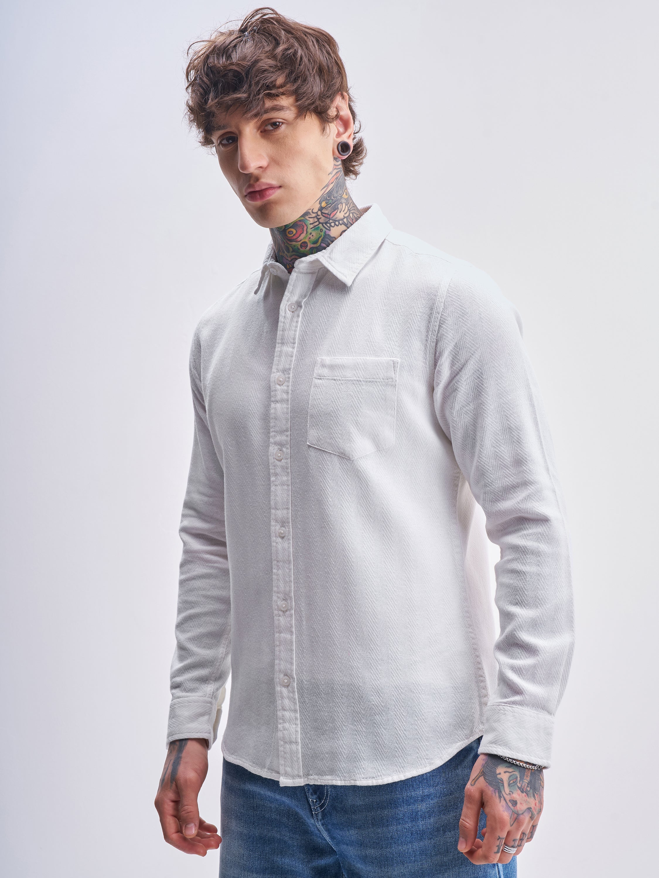 Highlander Men White Self Design Slim Fit Casual Shirt - White - Image 4