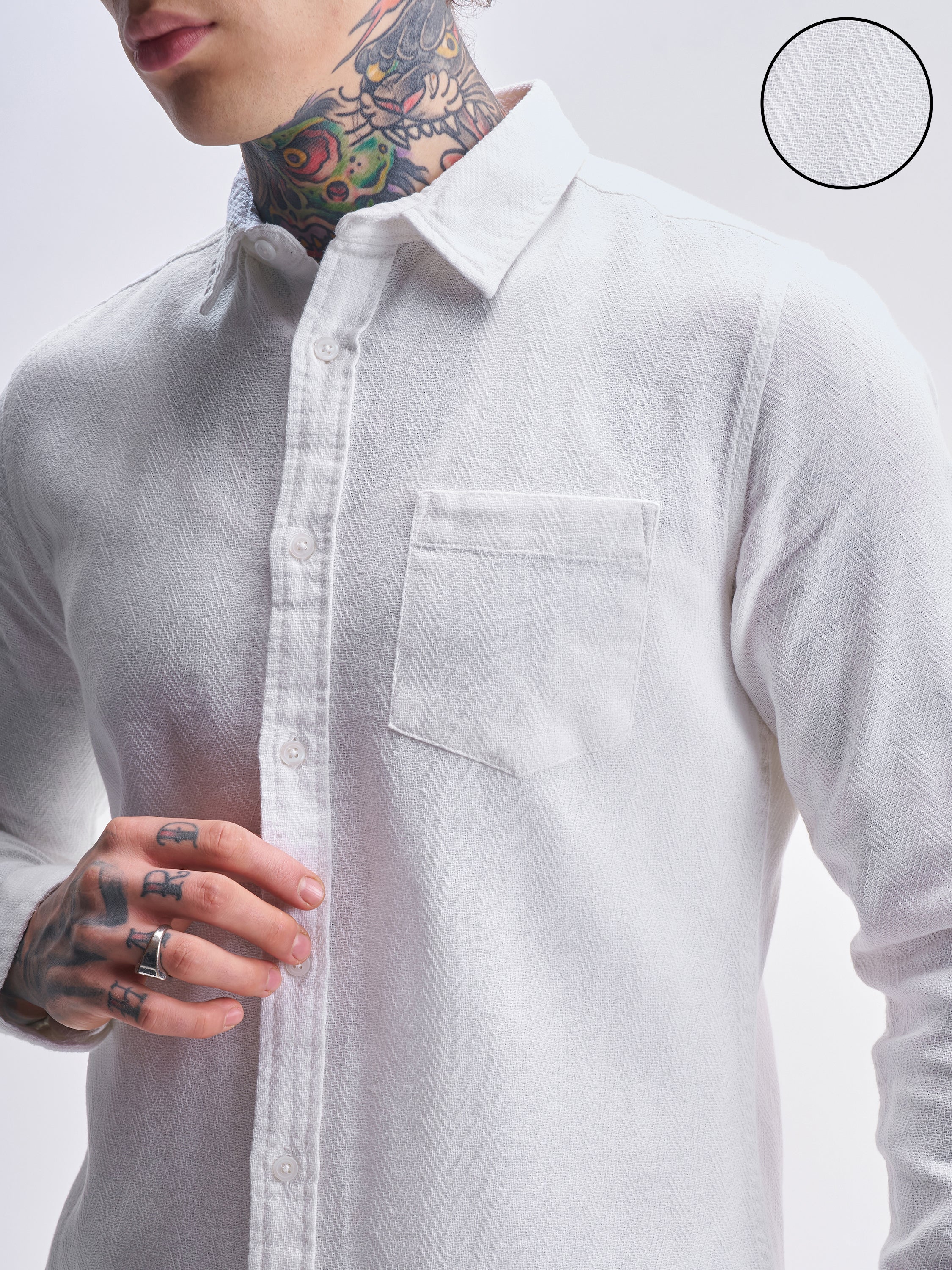 Highlander Men White Self Design Slim Fit Casual Shirt - White - Image 5