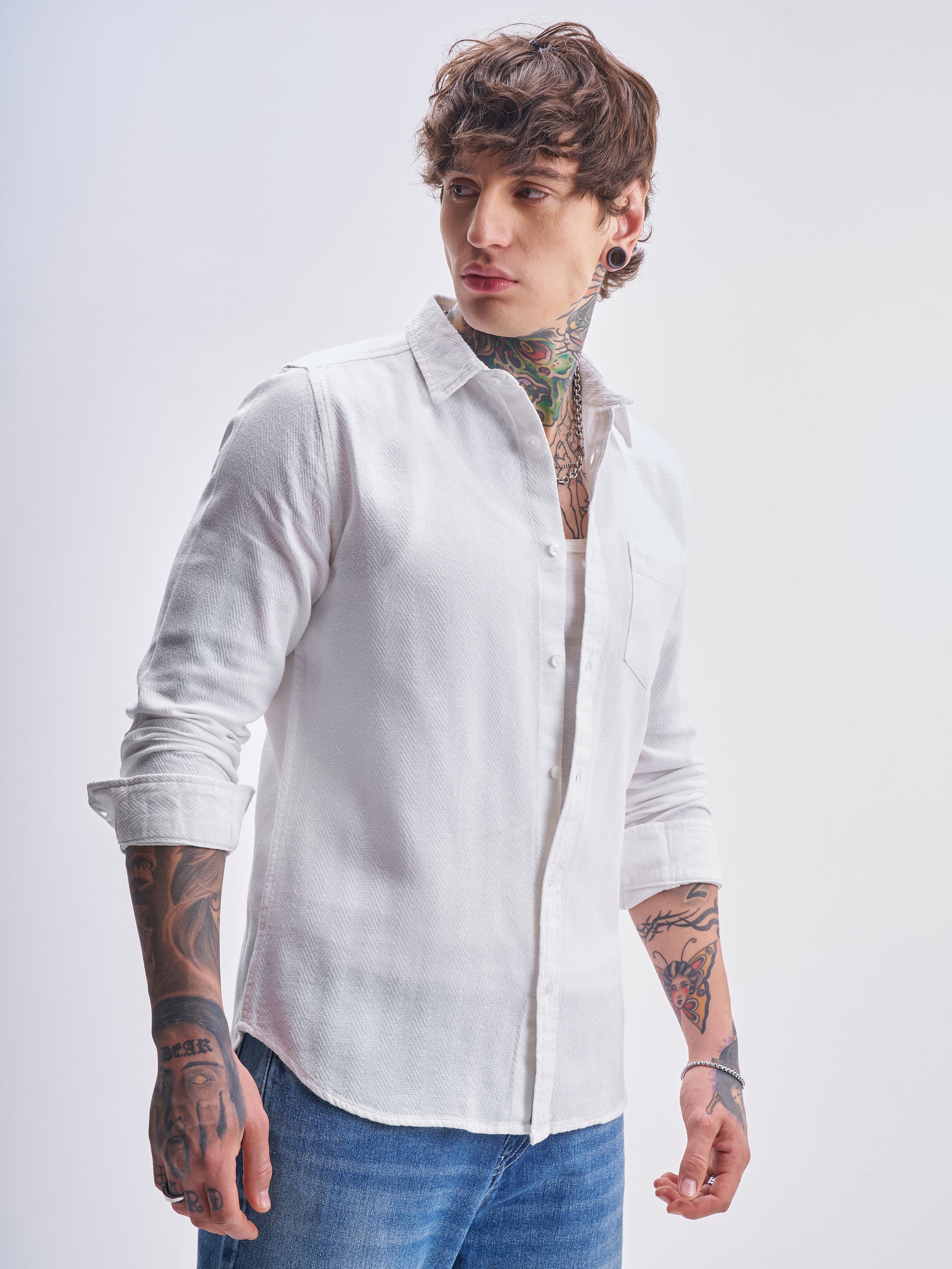 Highlander Men White Self Design Slim Fit Casual Shirt - White - Image 6