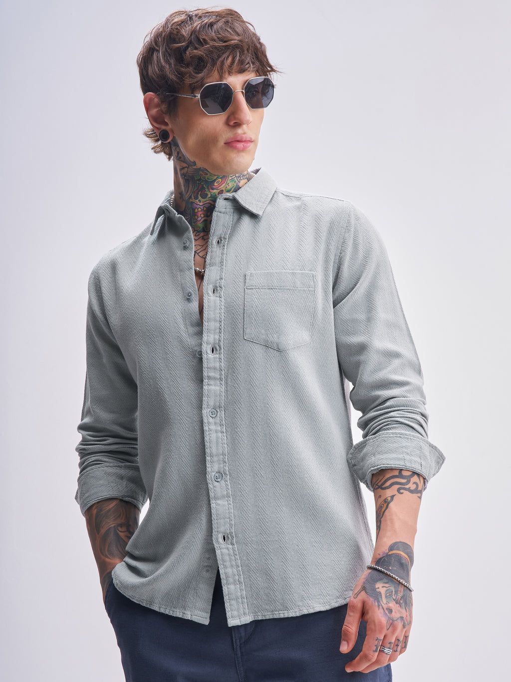 Highlander Men Grey Self Design Slim Fit Casual Shirt - Grey - Image 1