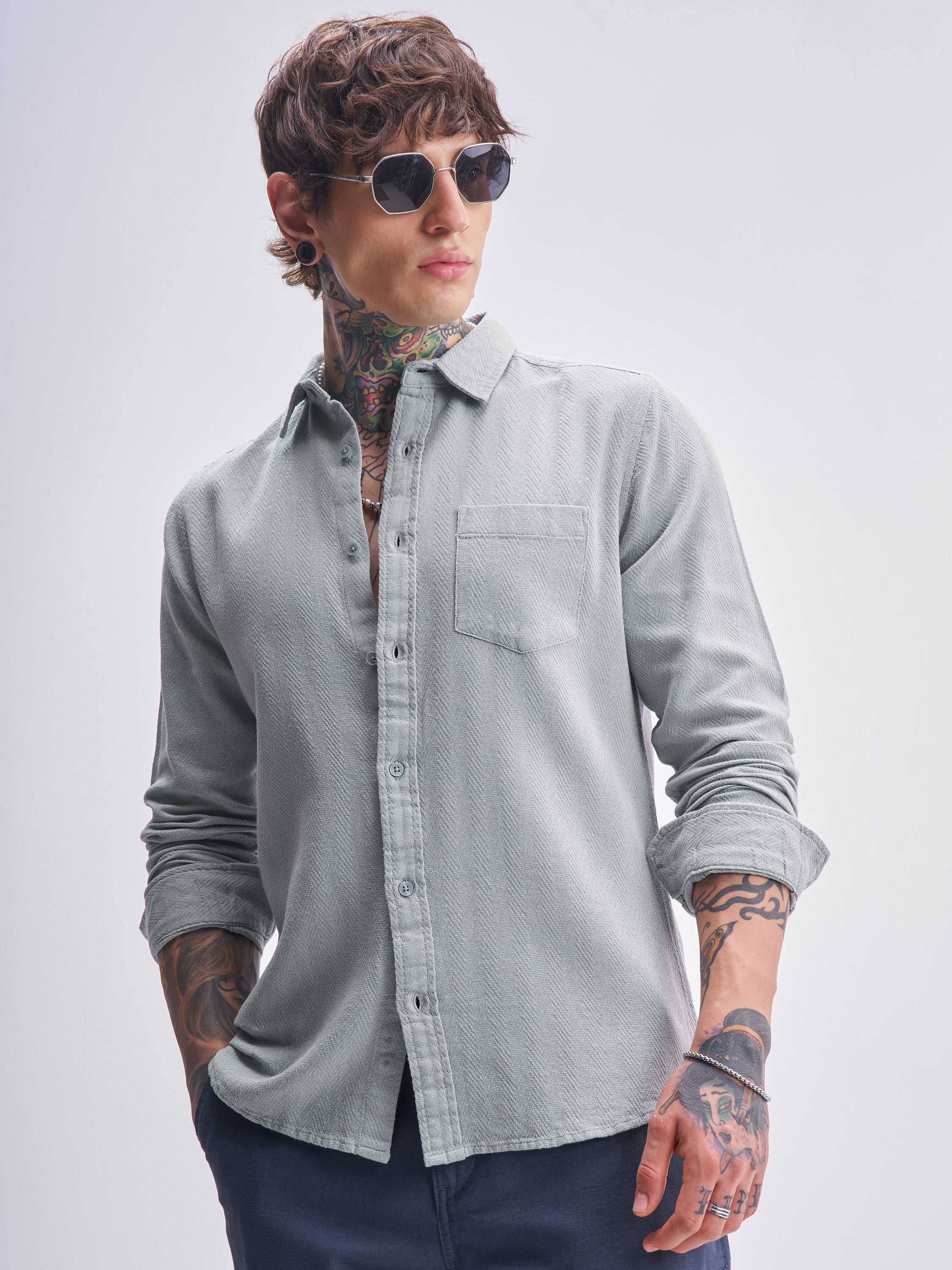 Highlander Men Grey Self Design Slim Fit Casual Shirt - Grey - Image 1