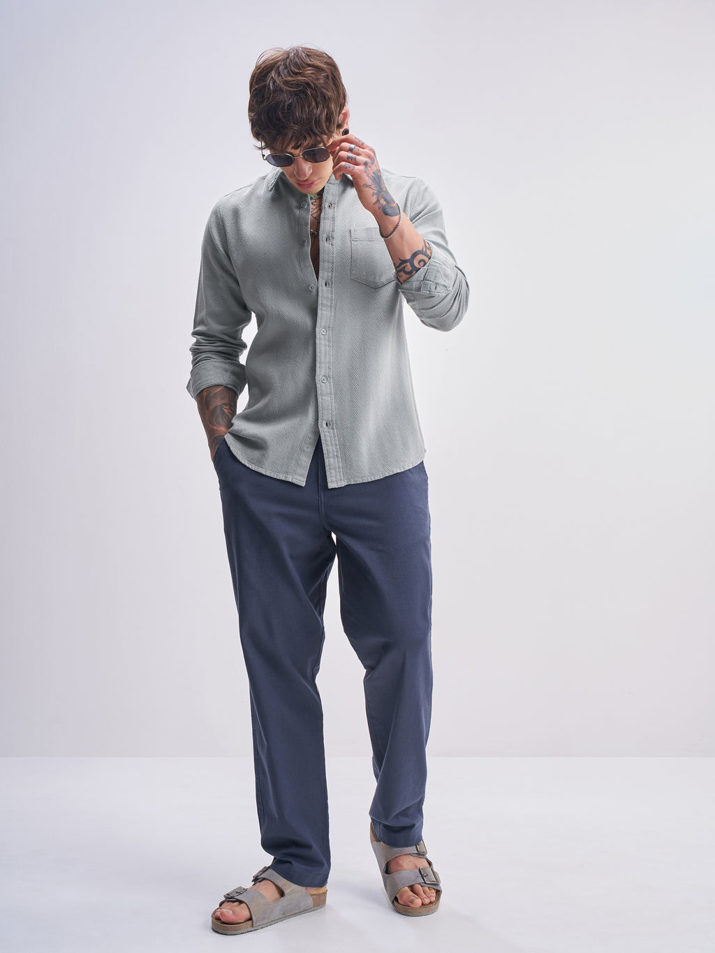 Highlander Men Grey Self Design Slim Fit Casual Shirt - Grey - Image 2
