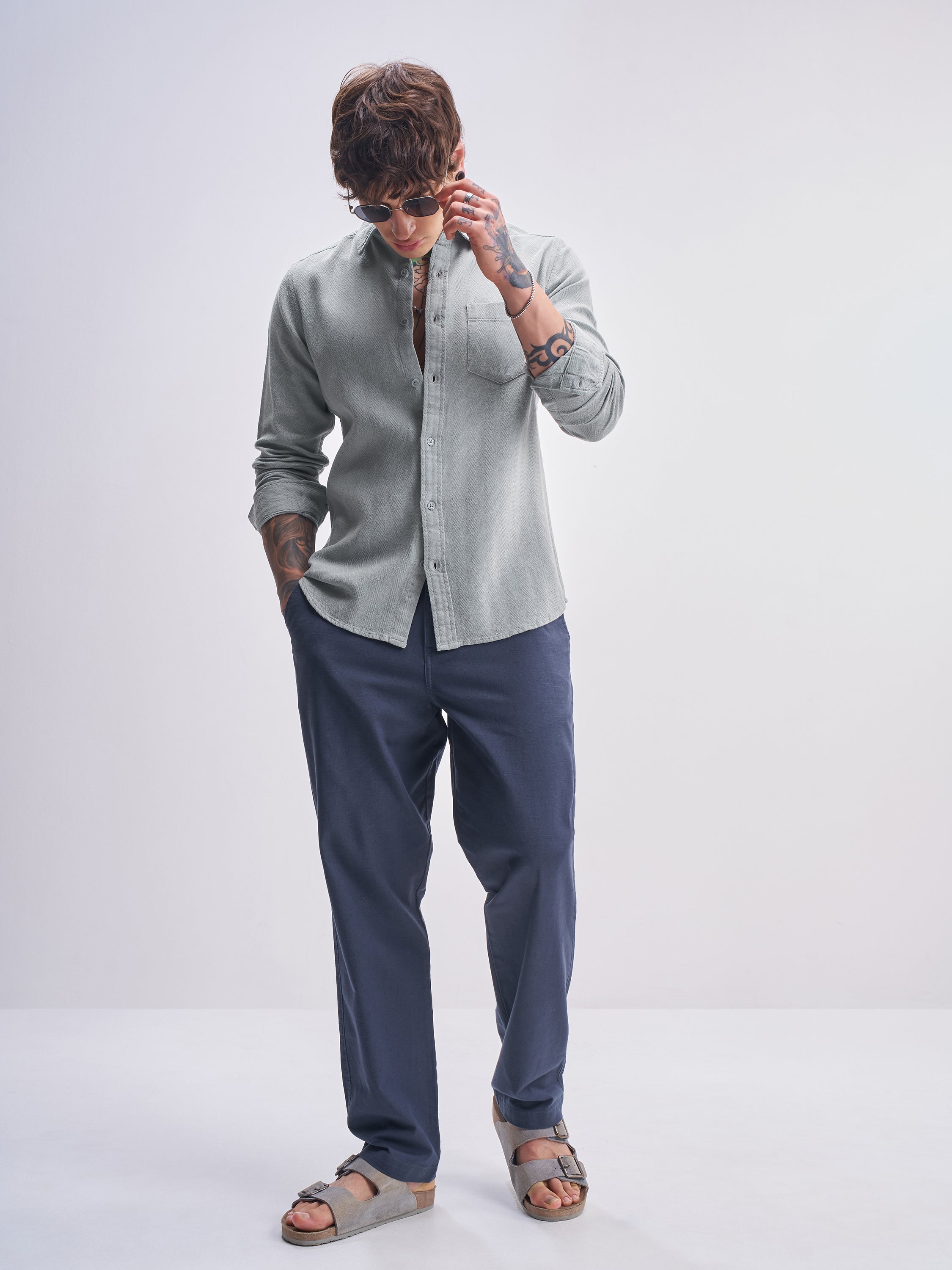 Highlander Men Grey Self Design Slim Fit Casual Shirt - Grey - Image 2
