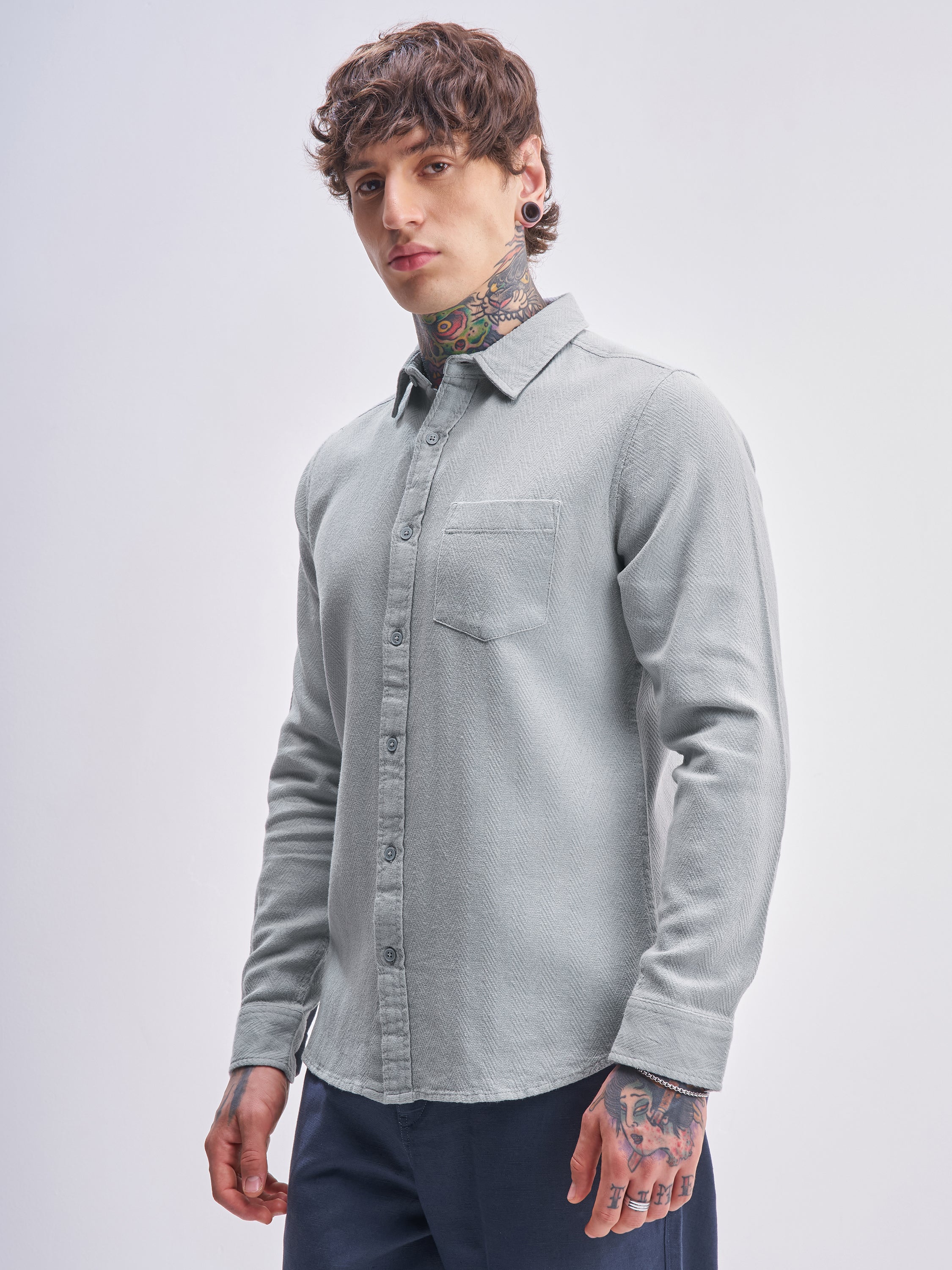 Highlander Men Grey Self Design Slim Fit Casual Shirt - Grey - Image 4