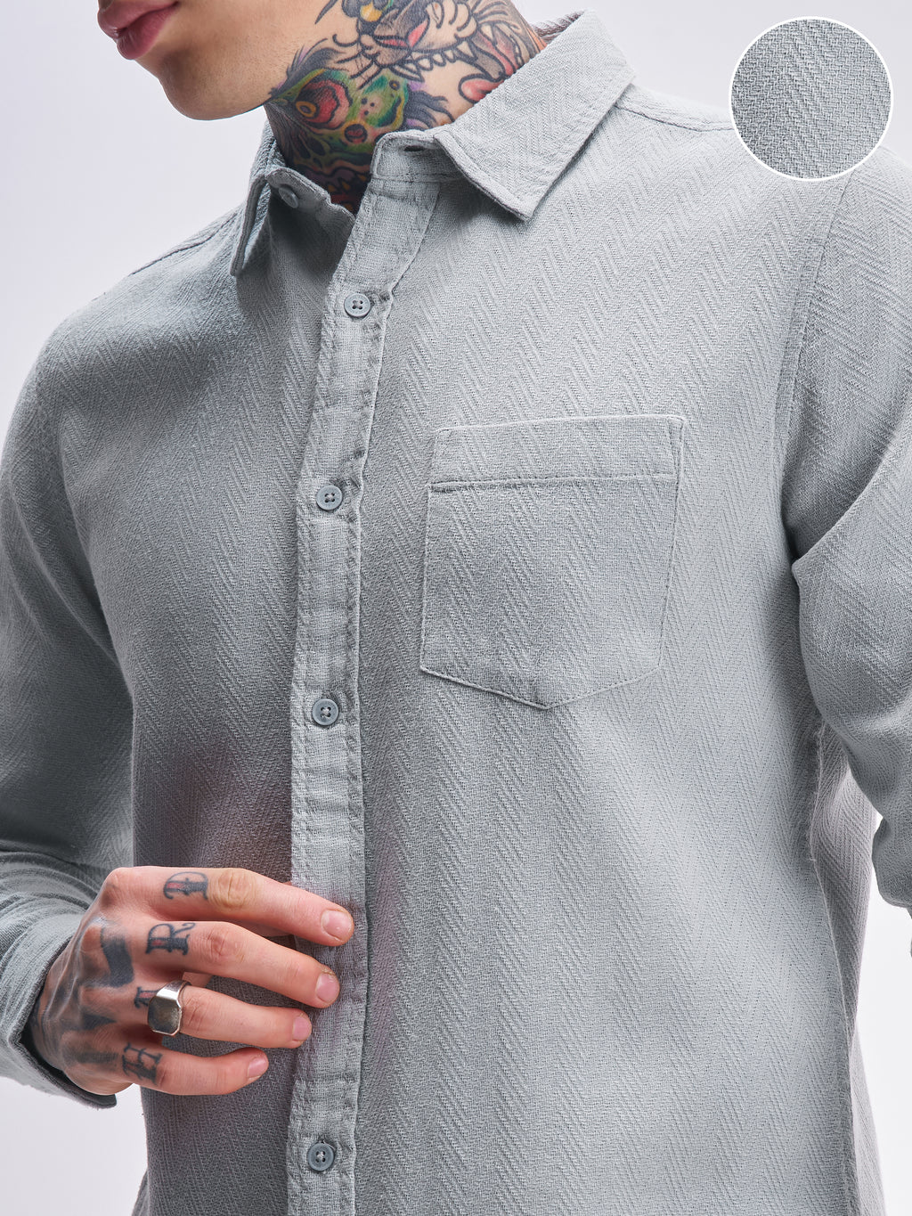 Highlander Men Grey Self Design Slim Fit Casual Shirt - Grey - Image 5