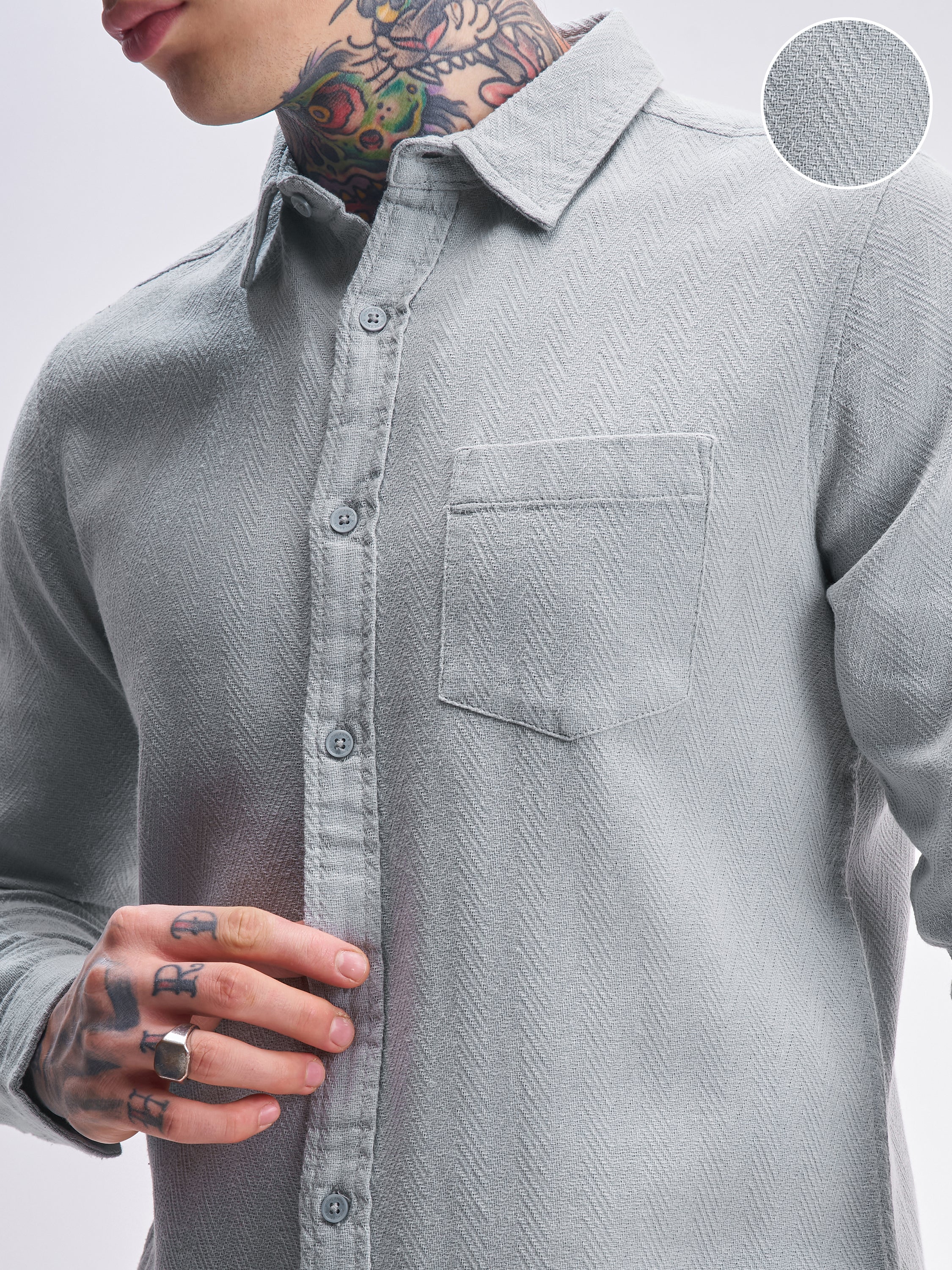 Highlander Men Grey Self Design Slim Fit Casual Shirt - Grey - Image 5