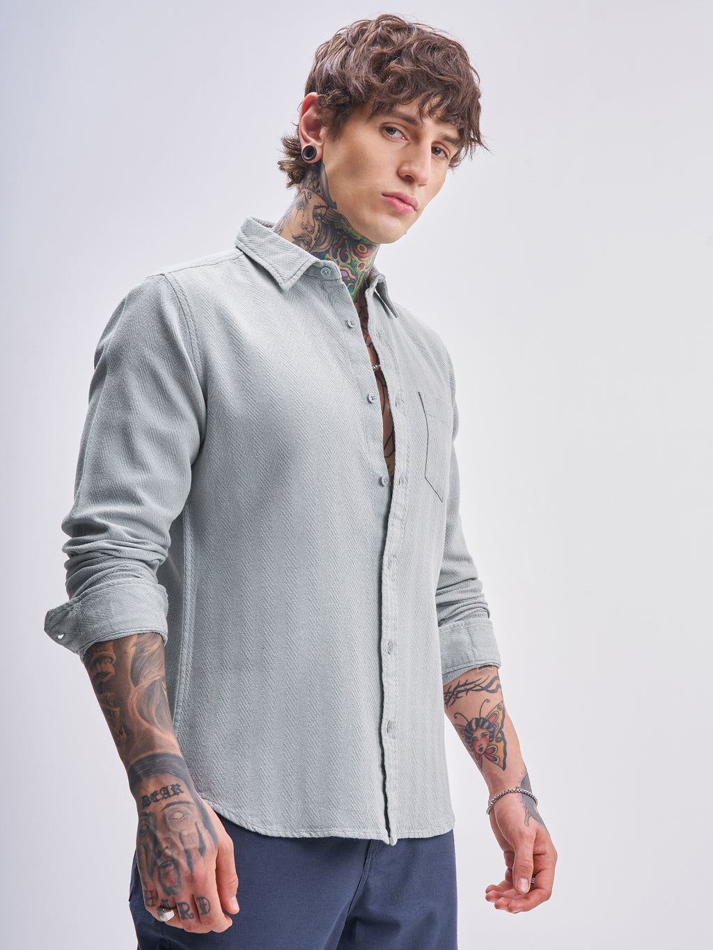Highlander Men Grey Self Design Slim Fit Casual Shirt - Grey - Image 6