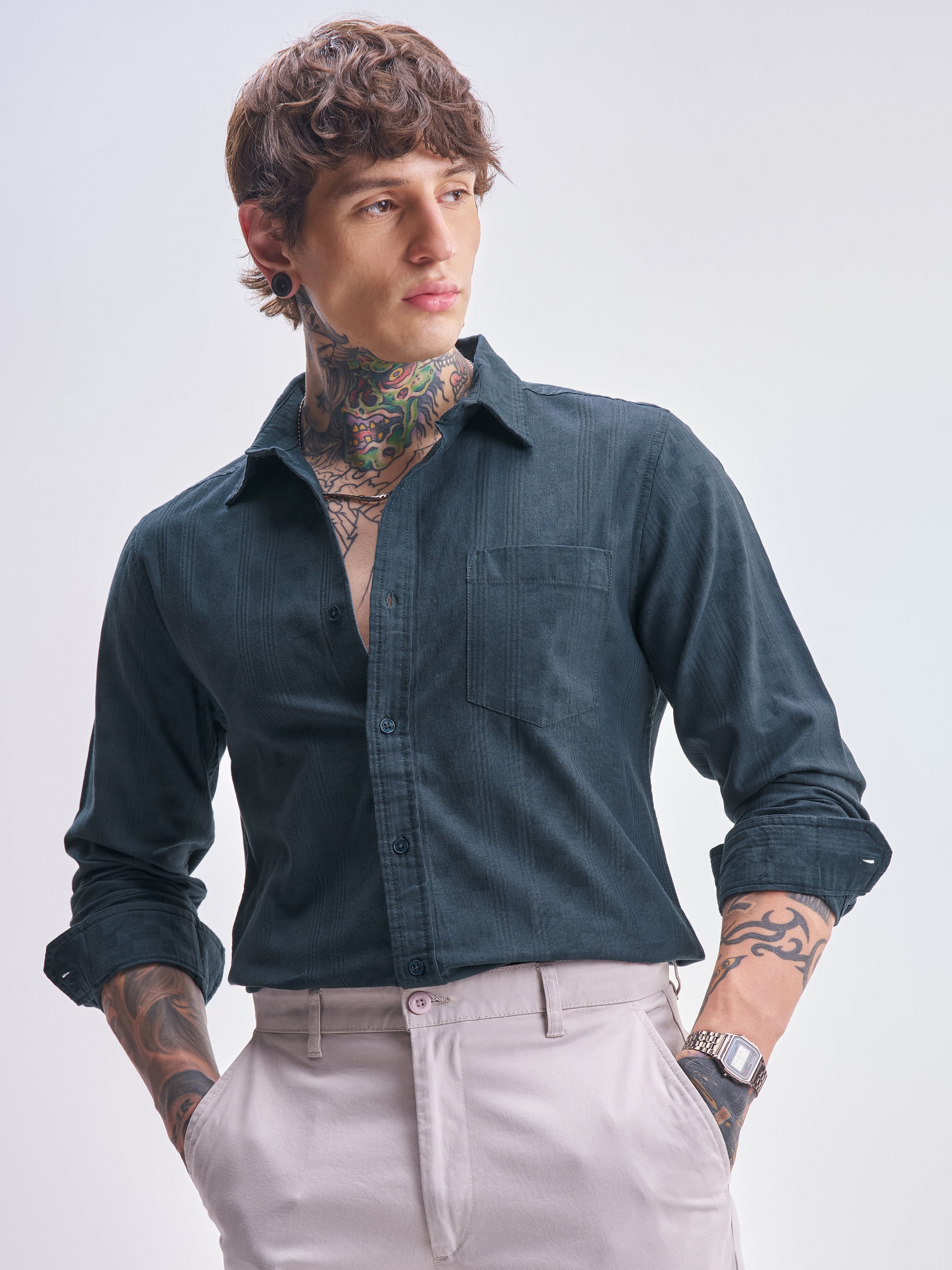 Highlander Men Blue Self Design Slim Fit Casual Shirt - Blue - Image 1