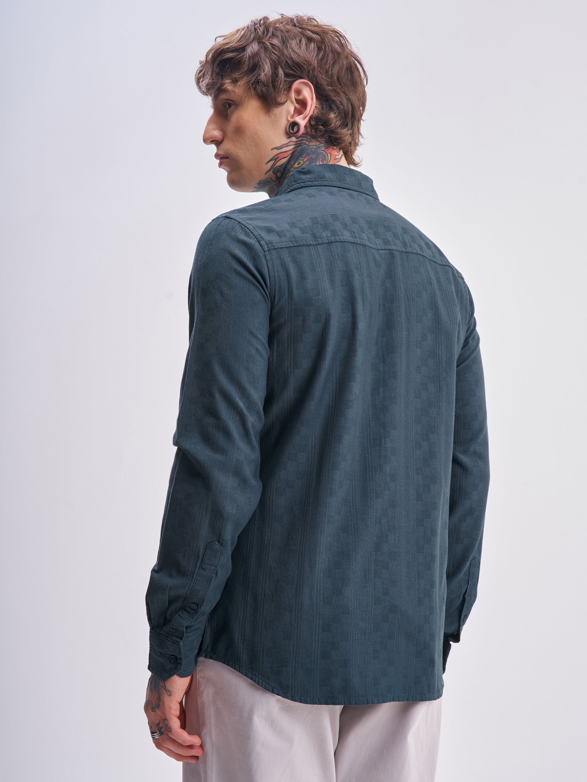 Highlander Men Blue Self Design Slim Fit Casual Shirt - Blue - Image 3