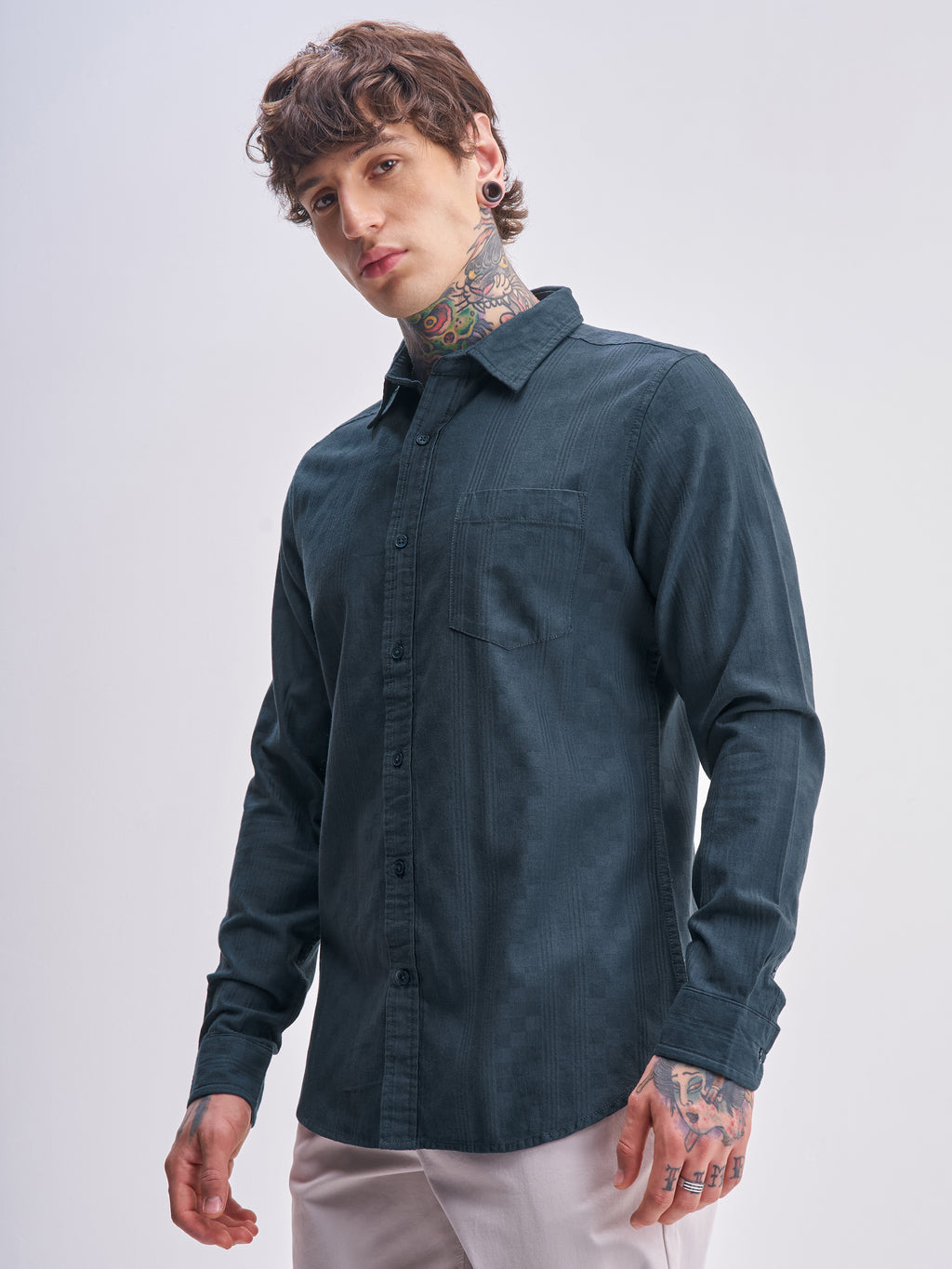 Highlander Men Blue Self Design Slim Fit Casual Shirt - Blue - Image 4