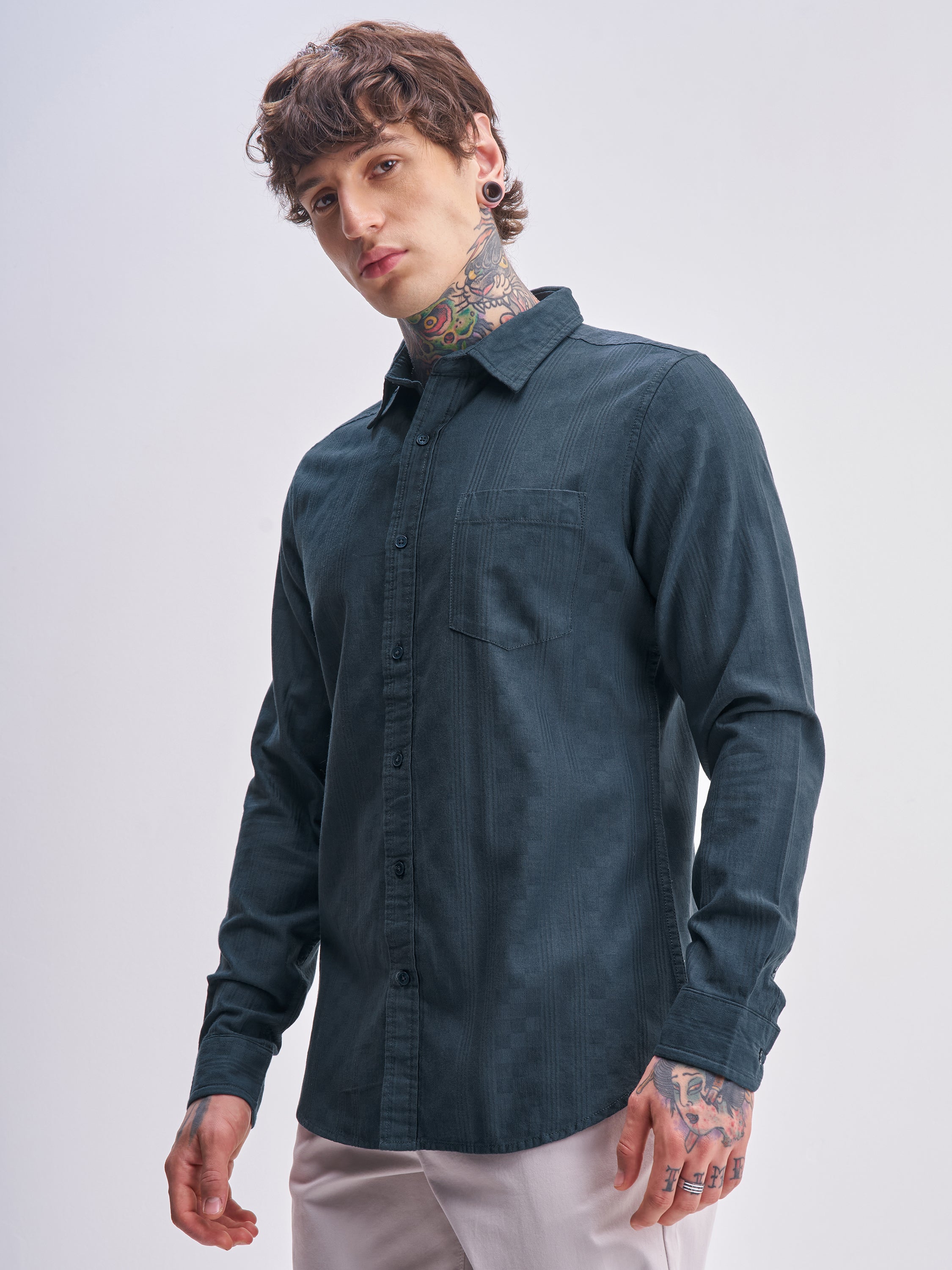 Highlander Men Blue Self Design Slim Fit Casual Shirt - Blue - Image 4