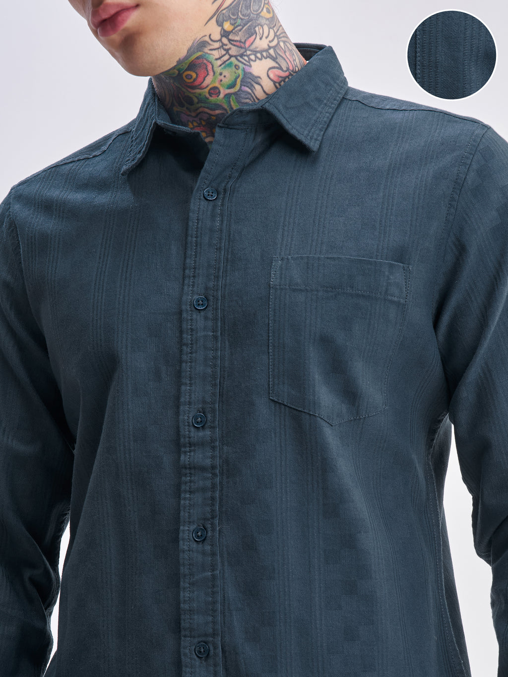 Highlander Men Blue Self Design Slim Fit Casual Shirt - Blue - Image 5