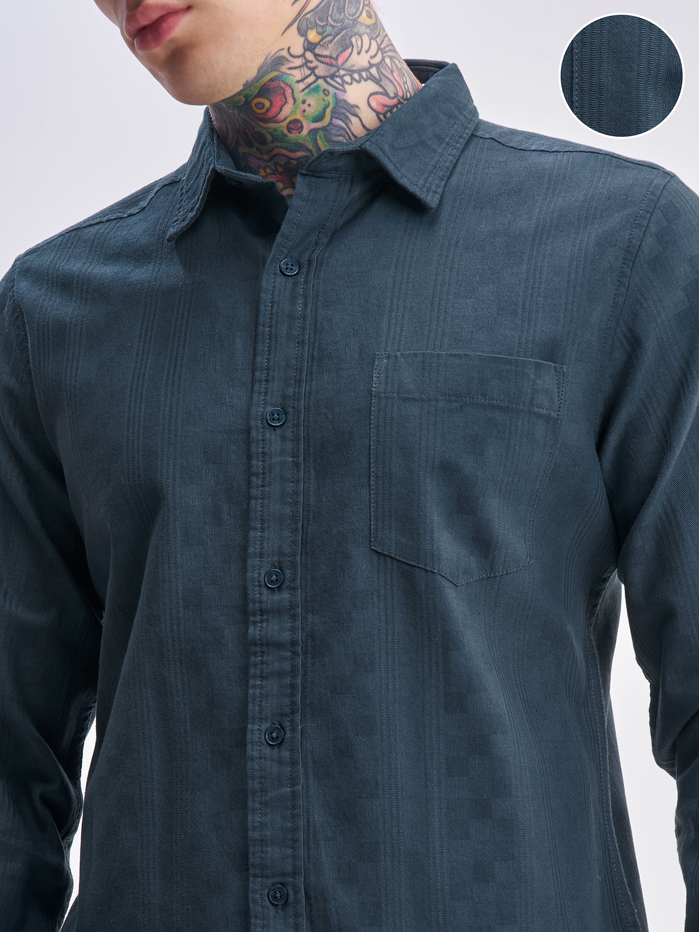 Highlander Men Blue Self Design Slim Fit Casual Shirt - Blue - Image 5