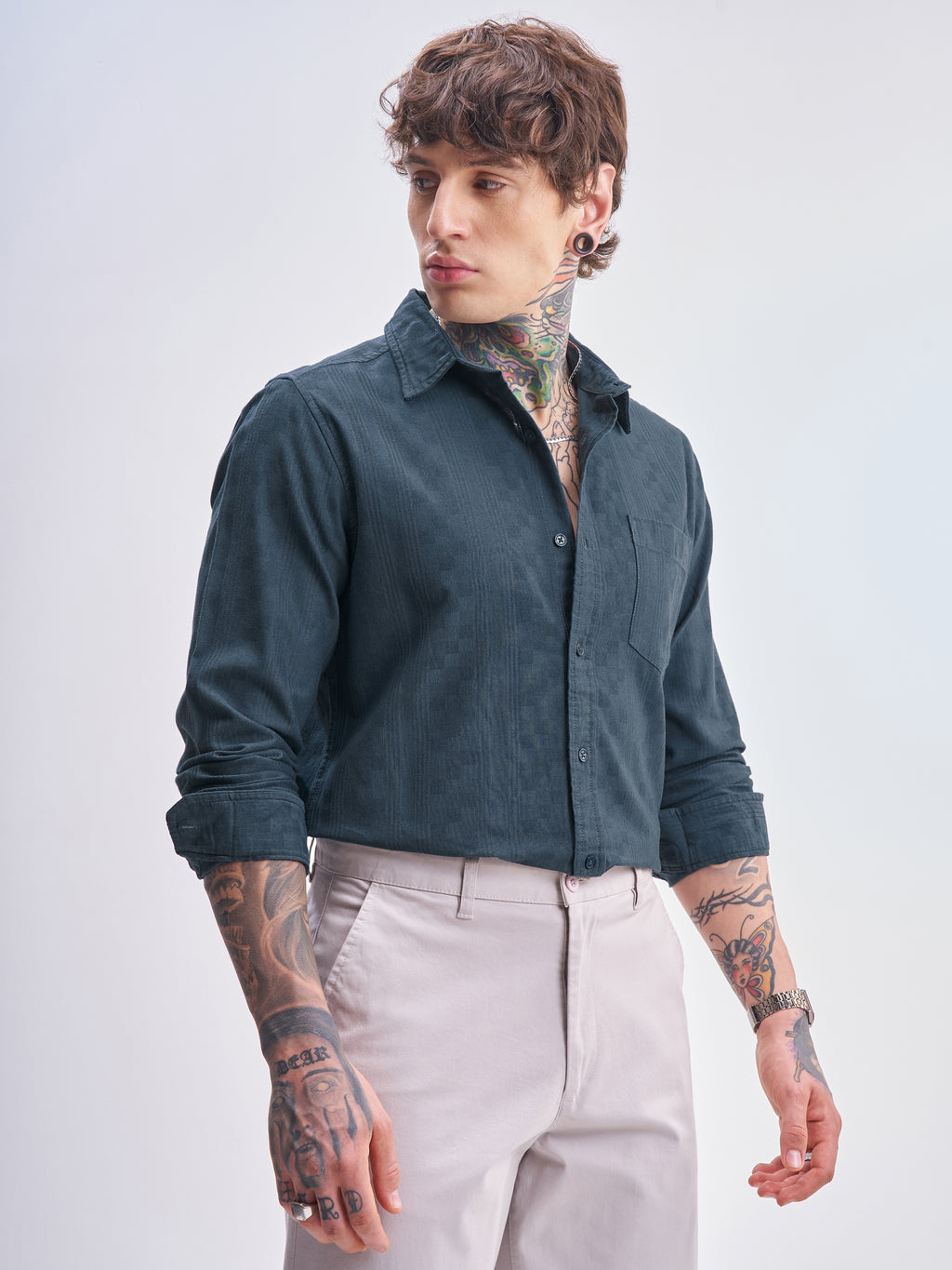 Highlander Men Blue Self Design Slim Fit Casual Shirt - Blue - Image 6