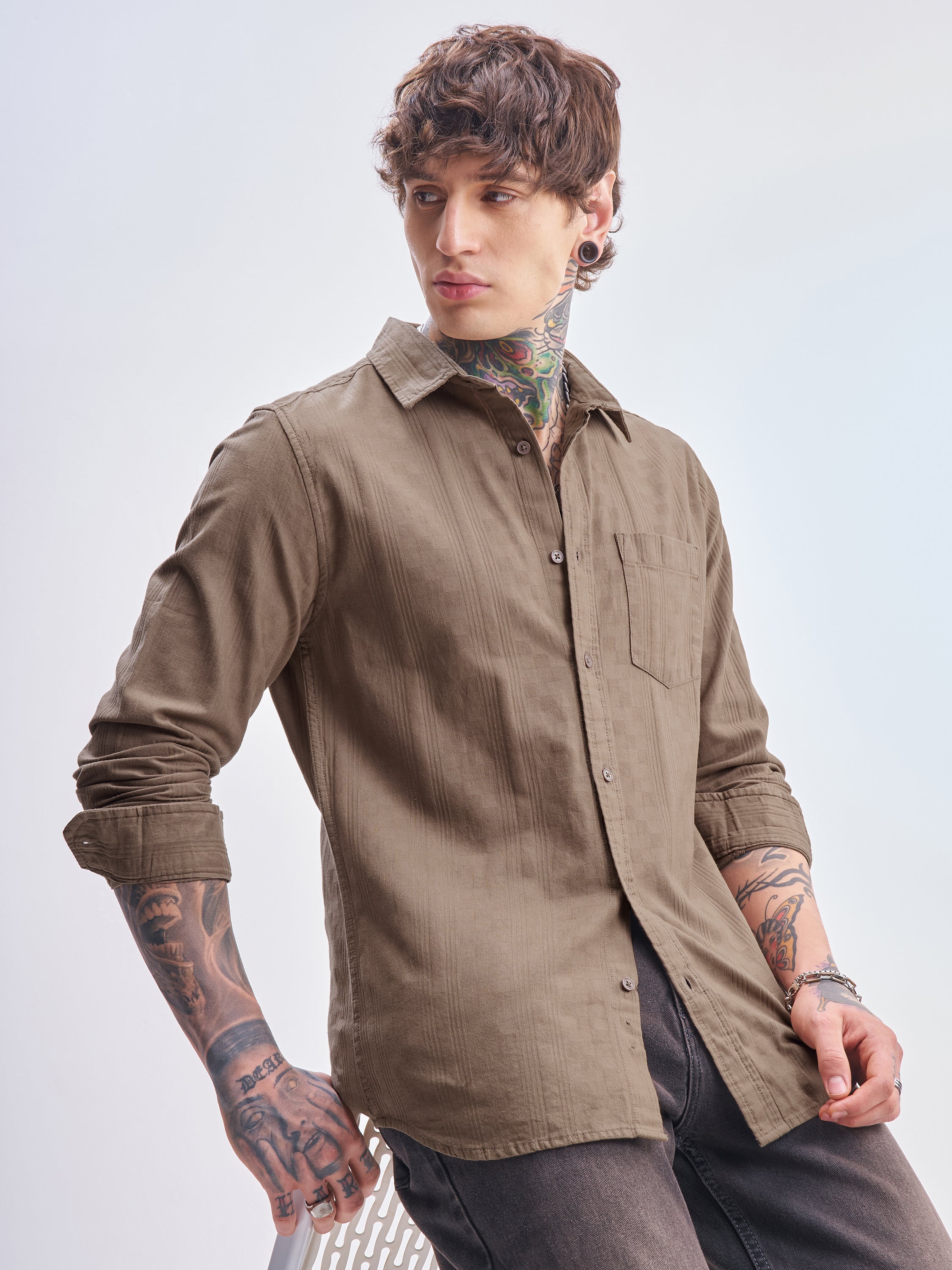 Highlander Men Tan Self Design Slim Fit Casual Shirt - Tan - Image 1