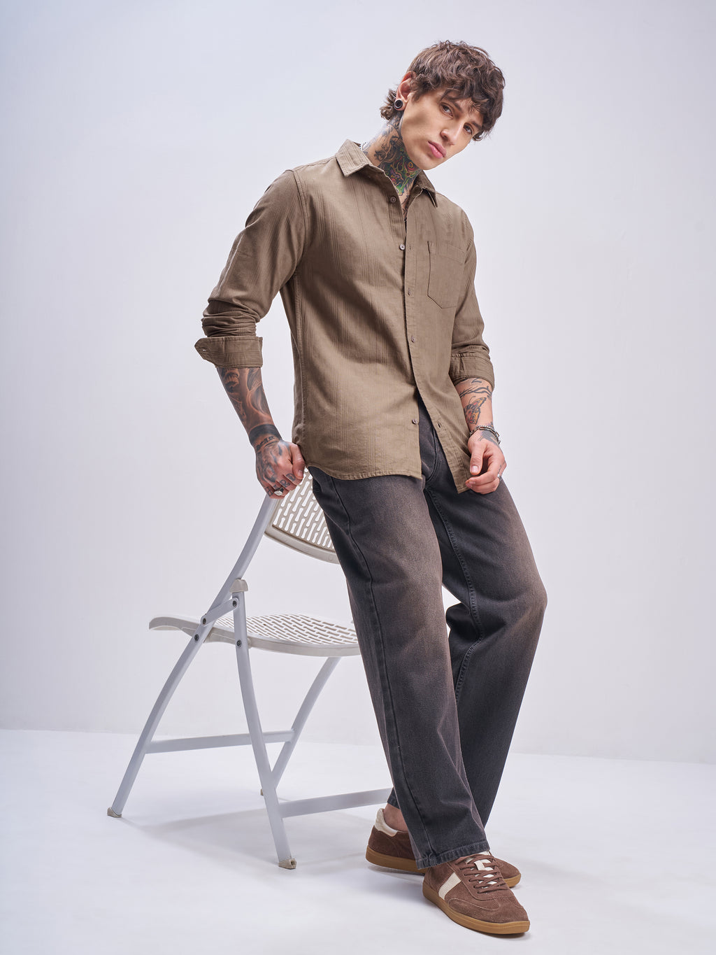 Highlander Men Tan Self Design Slim Fit Casual Shirt - Tan - Image 2