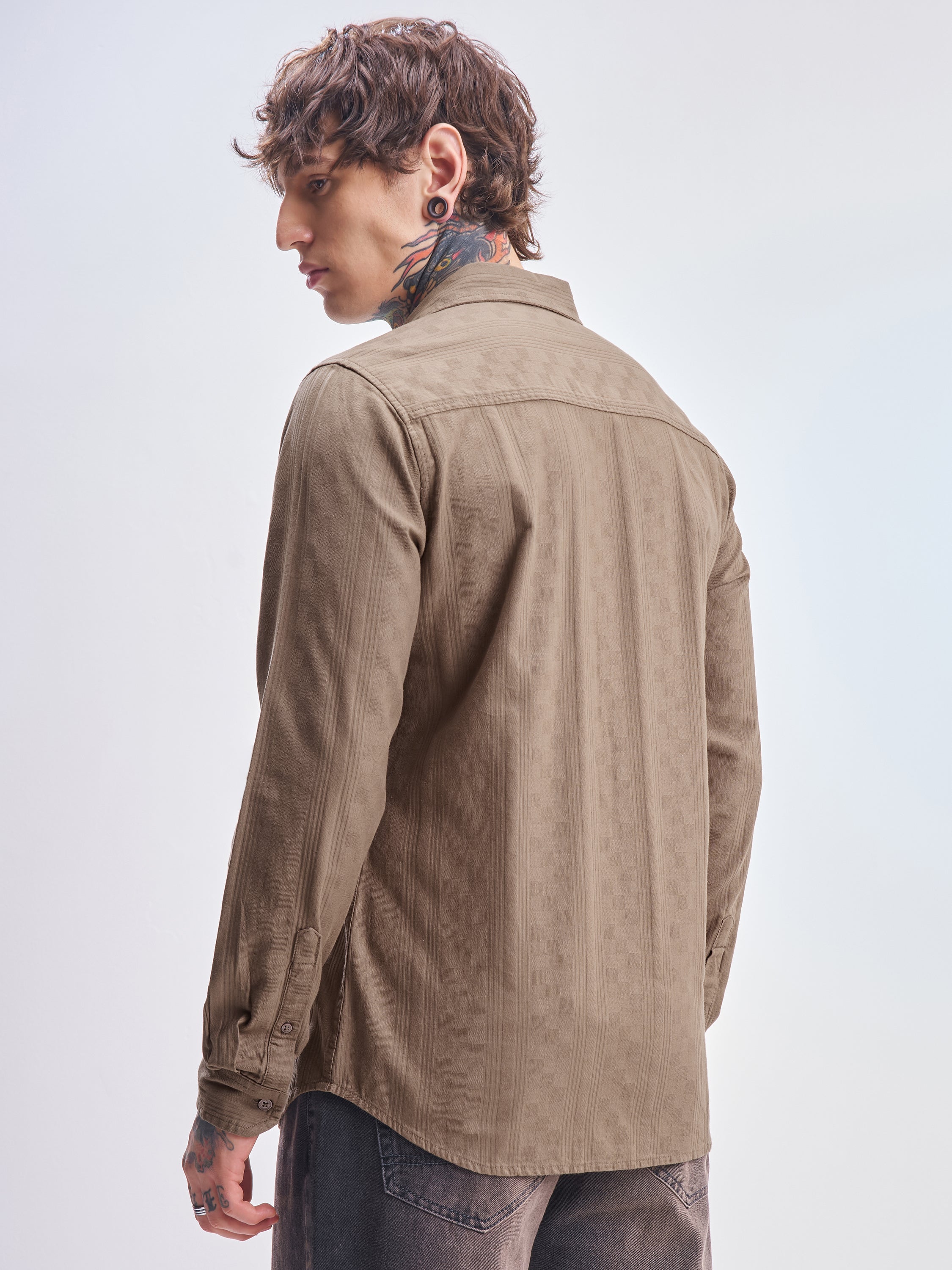 Highlander Men Tan Self Design Slim Fit Casual Shirt - Tan - Image 3