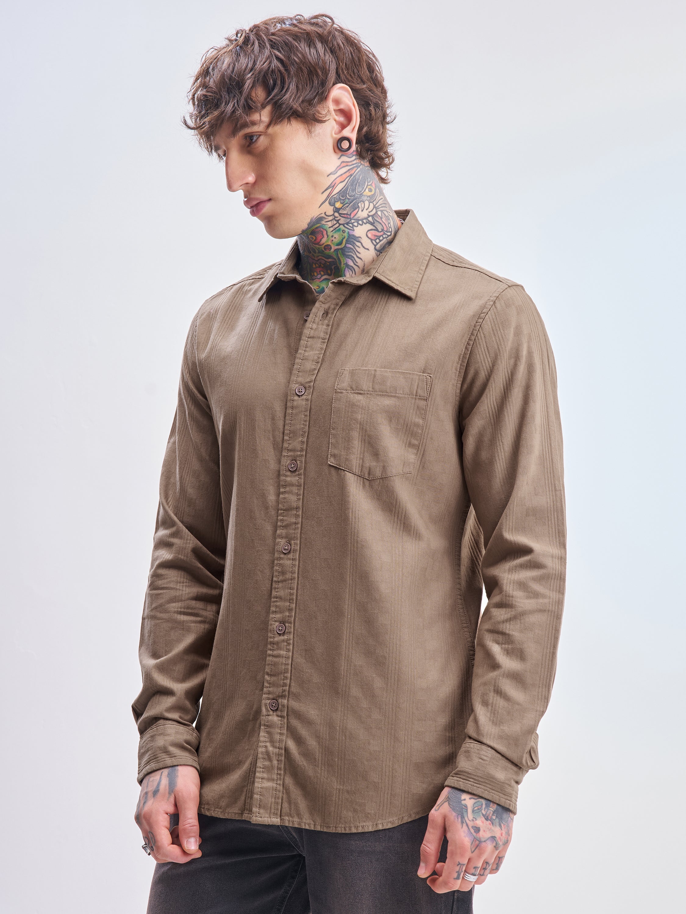 Highlander Men Tan Self Design Slim Fit Casual Shirt - Tan - Image 4