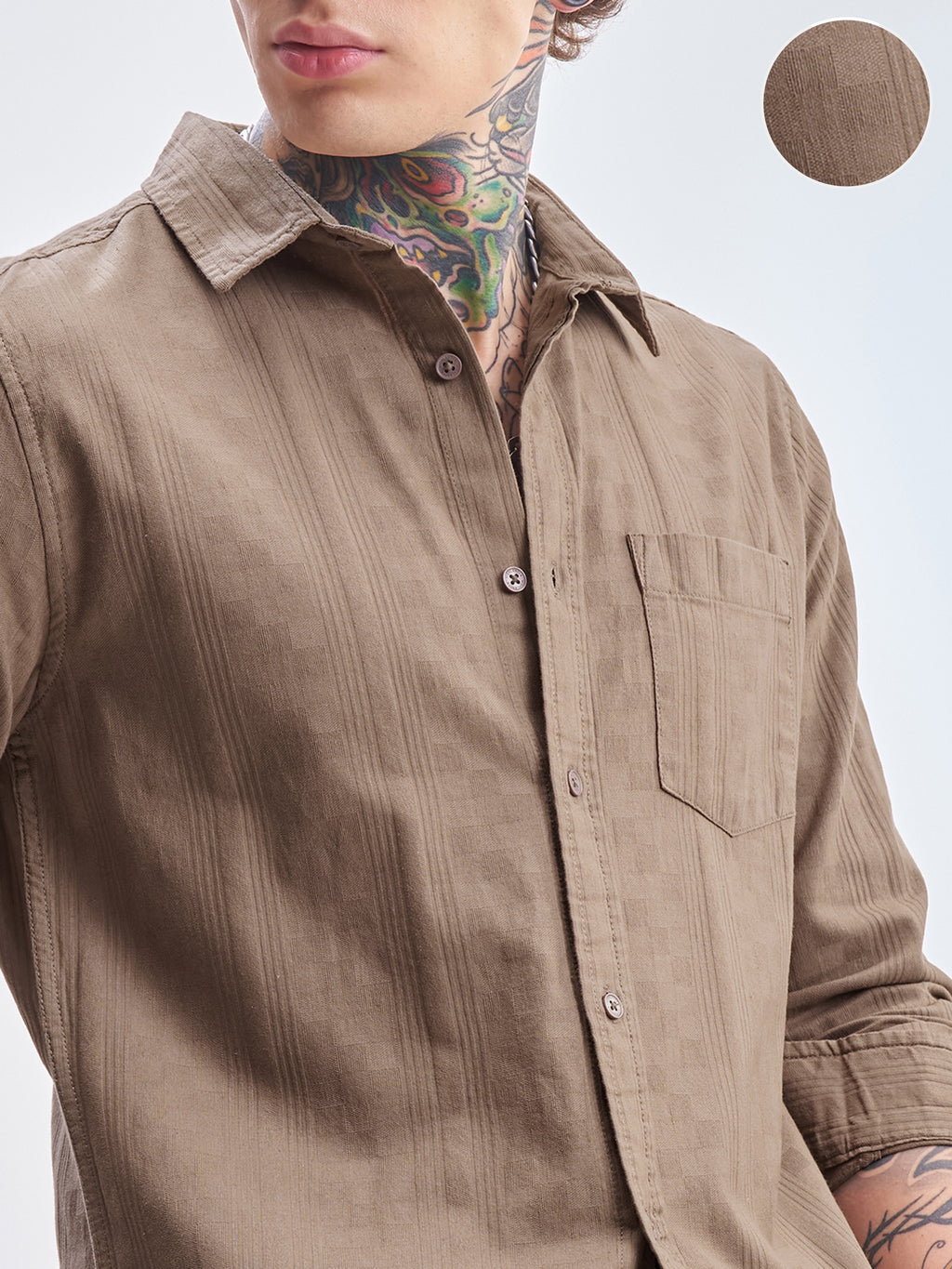 Highlander Men Tan Self Design Slim Fit Casual Shirt - Tan - Image 5