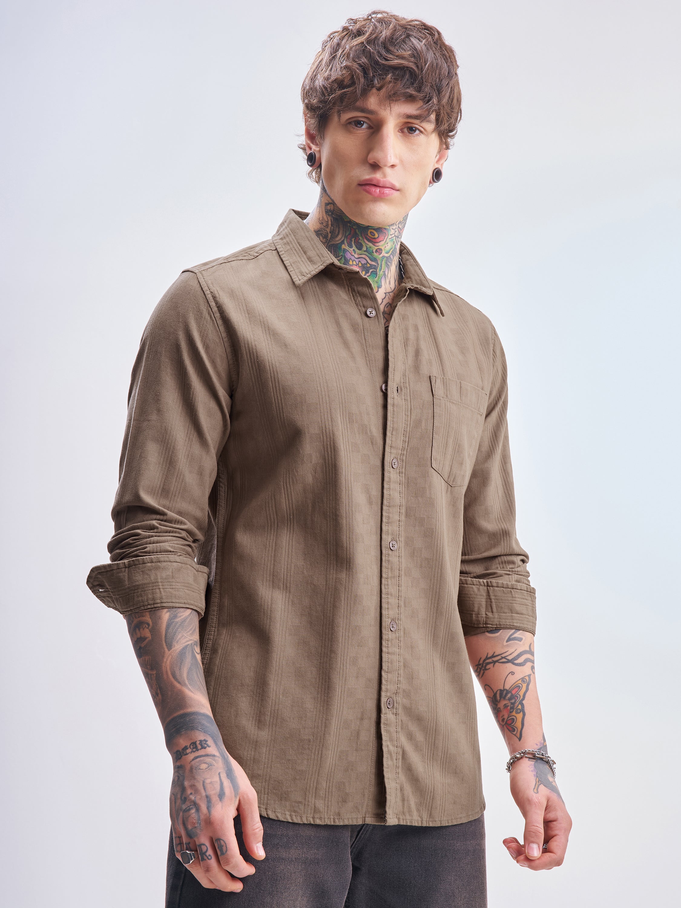 Highlander Men Tan Self Design Slim Fit Casual Shirt - Tan - Image 6
