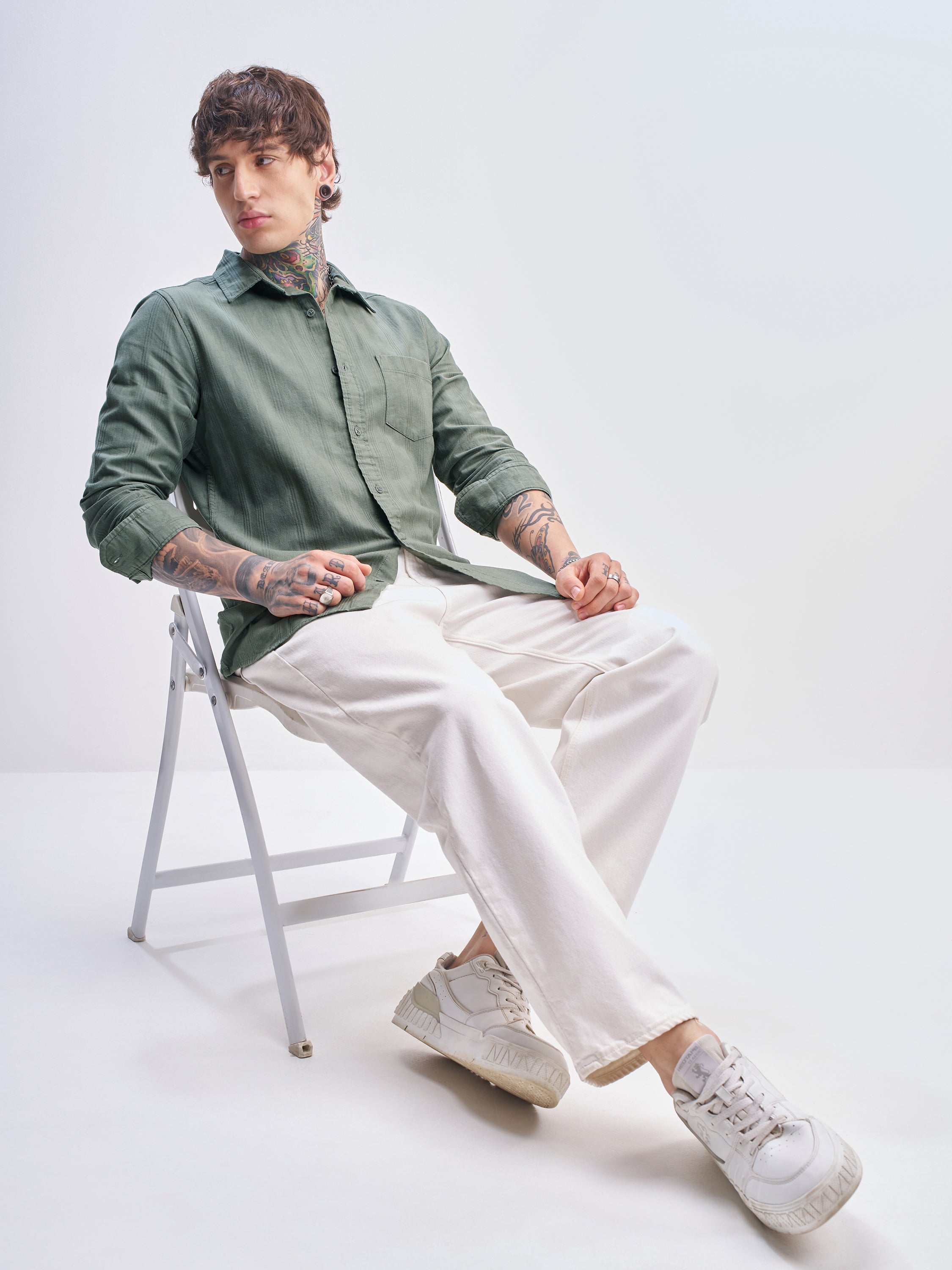 Highlander Men Green Self Design Slim Fit Casual Shirt - Green - Image 2