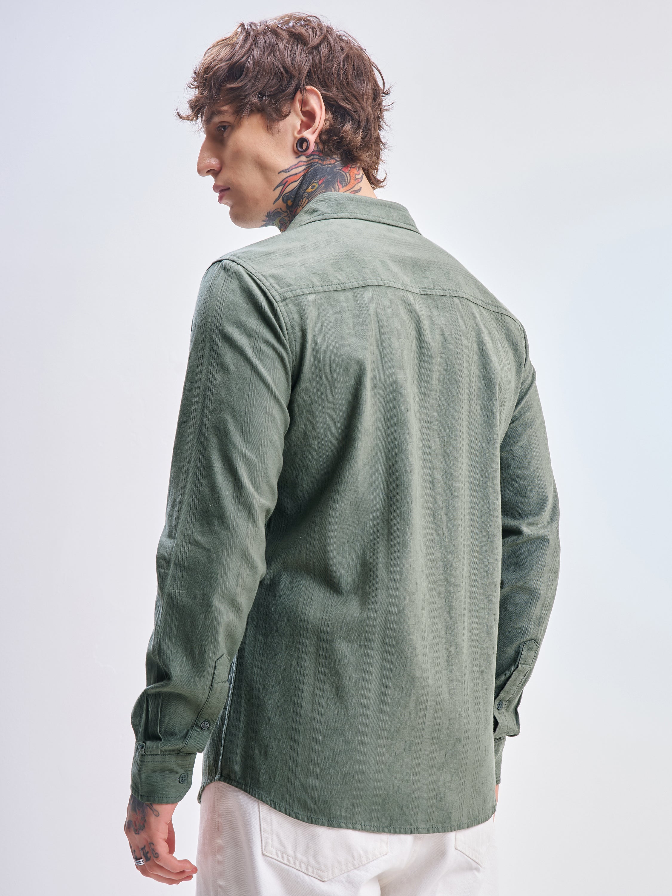 Highlander Men Green Self Design Slim Fit Casual Shirt - Green - Image 3