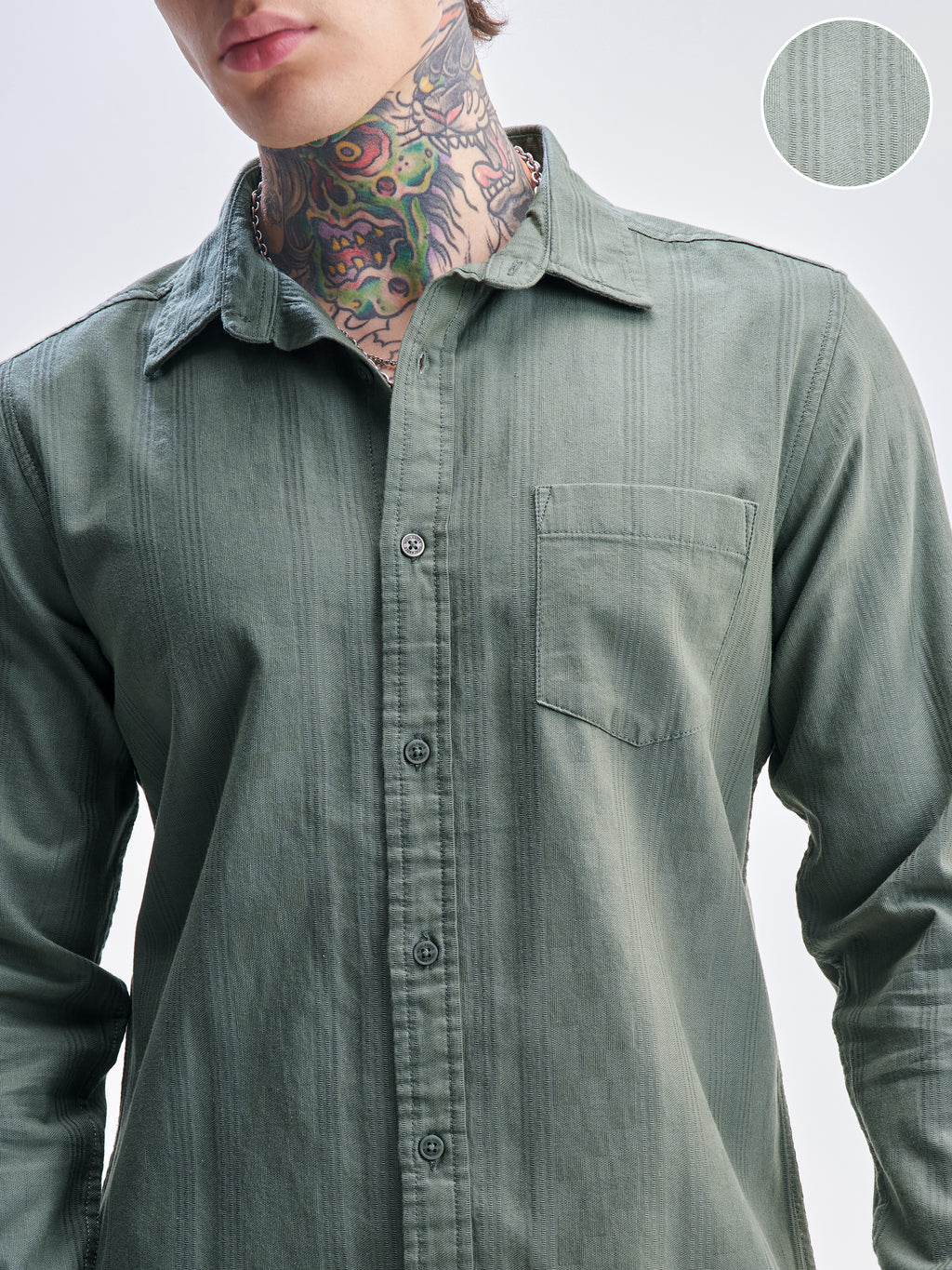 Highlander Men Green Self Design Slim Fit Casual Shirt - Green - Image 5
