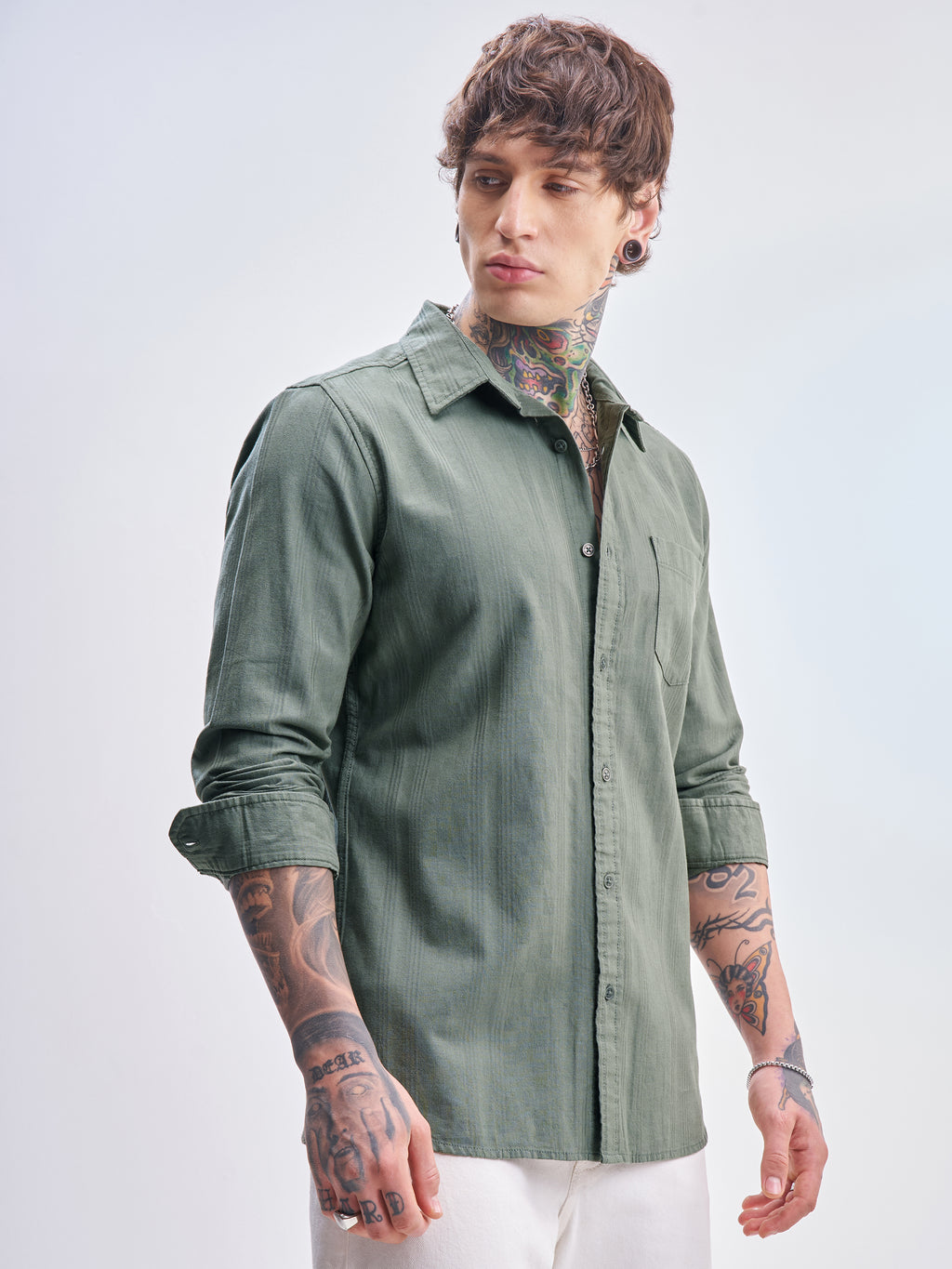 Highlander Men Green Self Design Slim Fit Casual Shirt - Green - Image 6