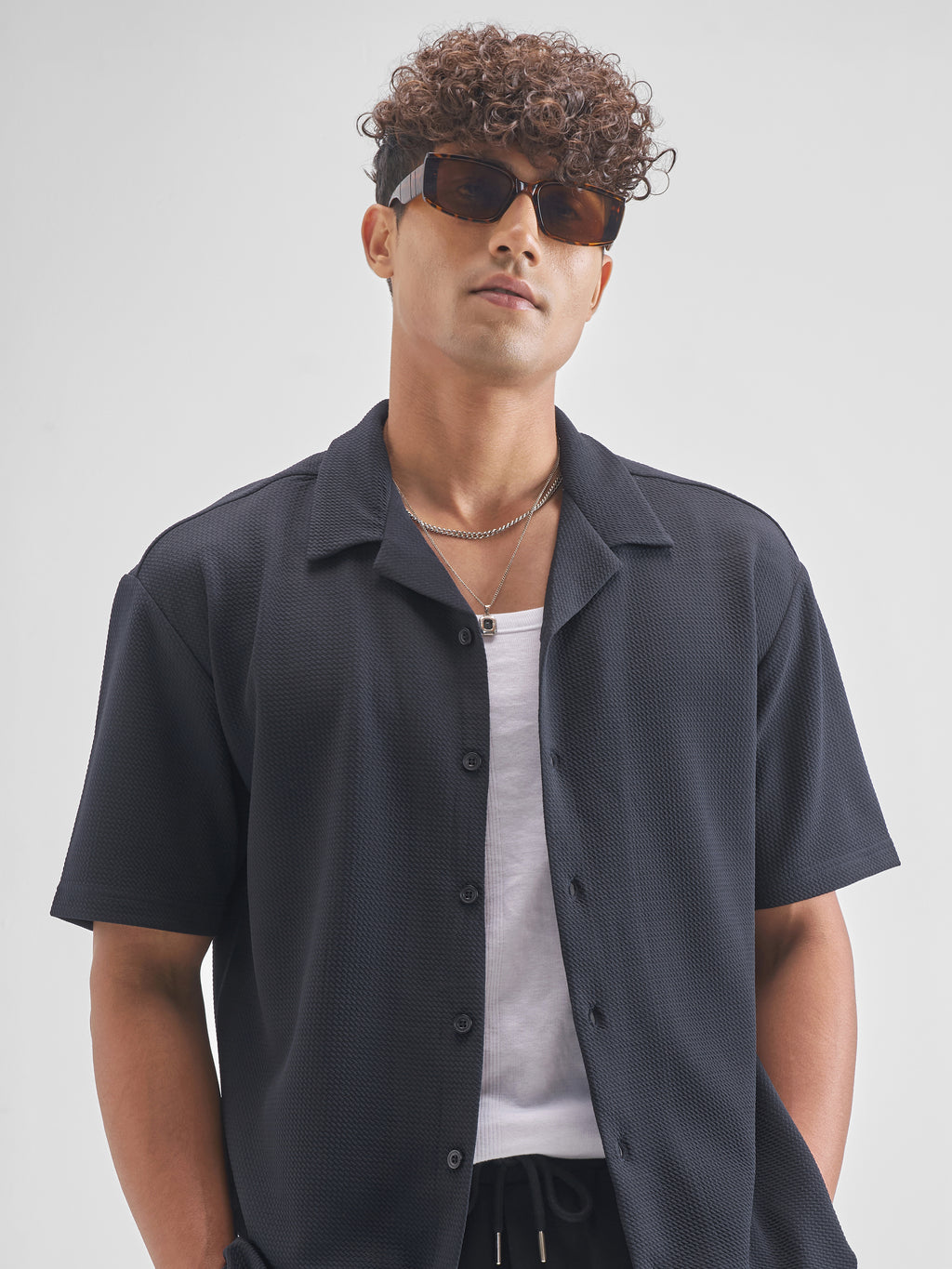 Highlander Men Navy Blue Self Design Relaxed Fit Casual Shirt - Navy Blue - Image 1