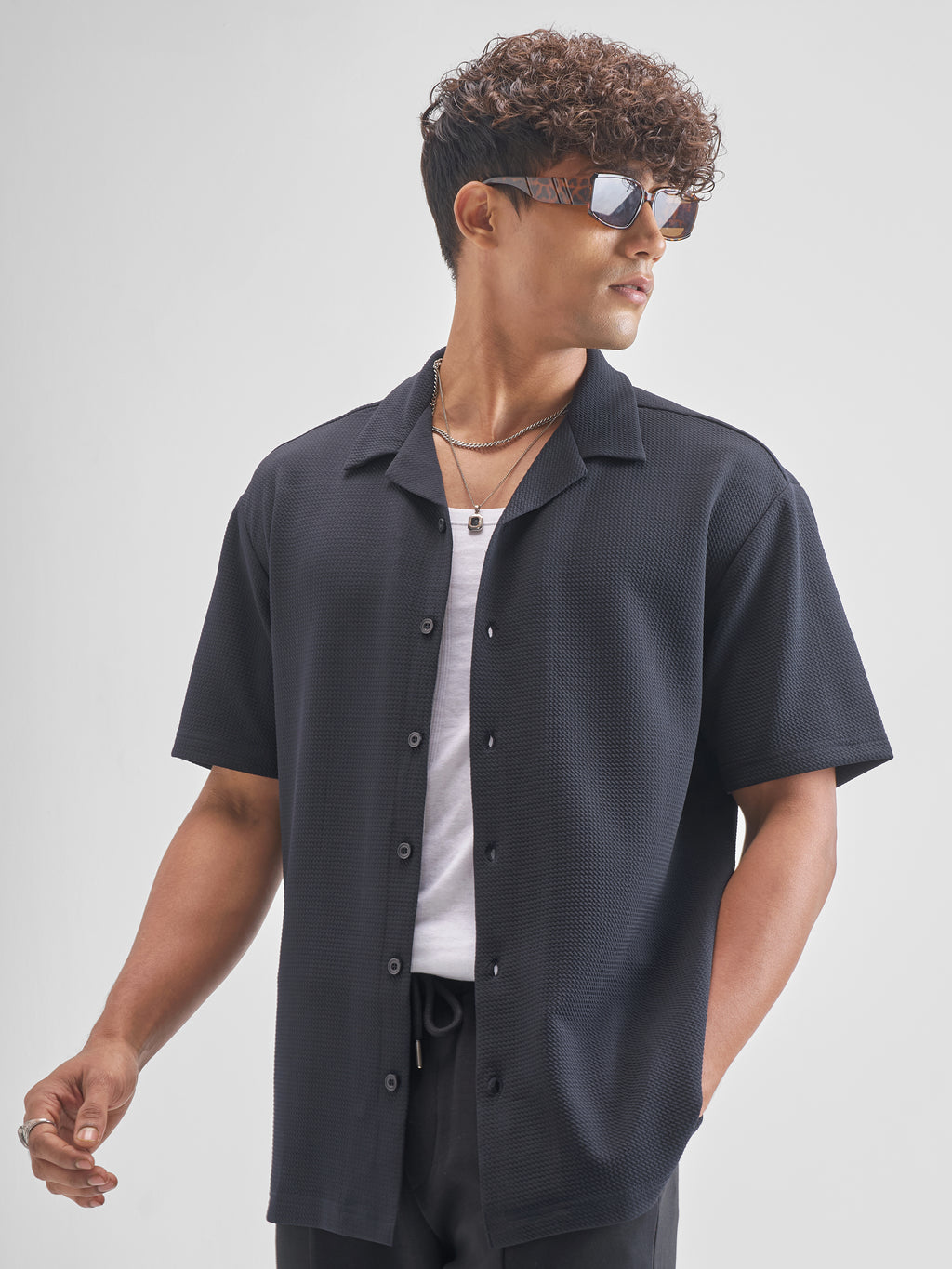 Highlander Men Navy Blue Self Design Relaxed Fit Casual Shirt - Navy Blue - Image 4