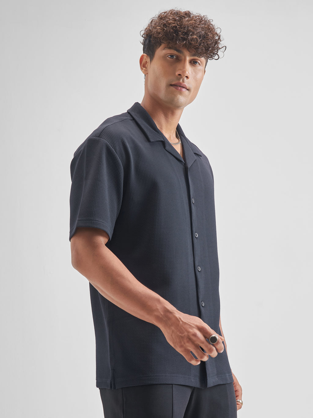 Highlander Men Navy Blue Self Design Relaxed Fit Casual Shirt - Navy Blue - Image 6