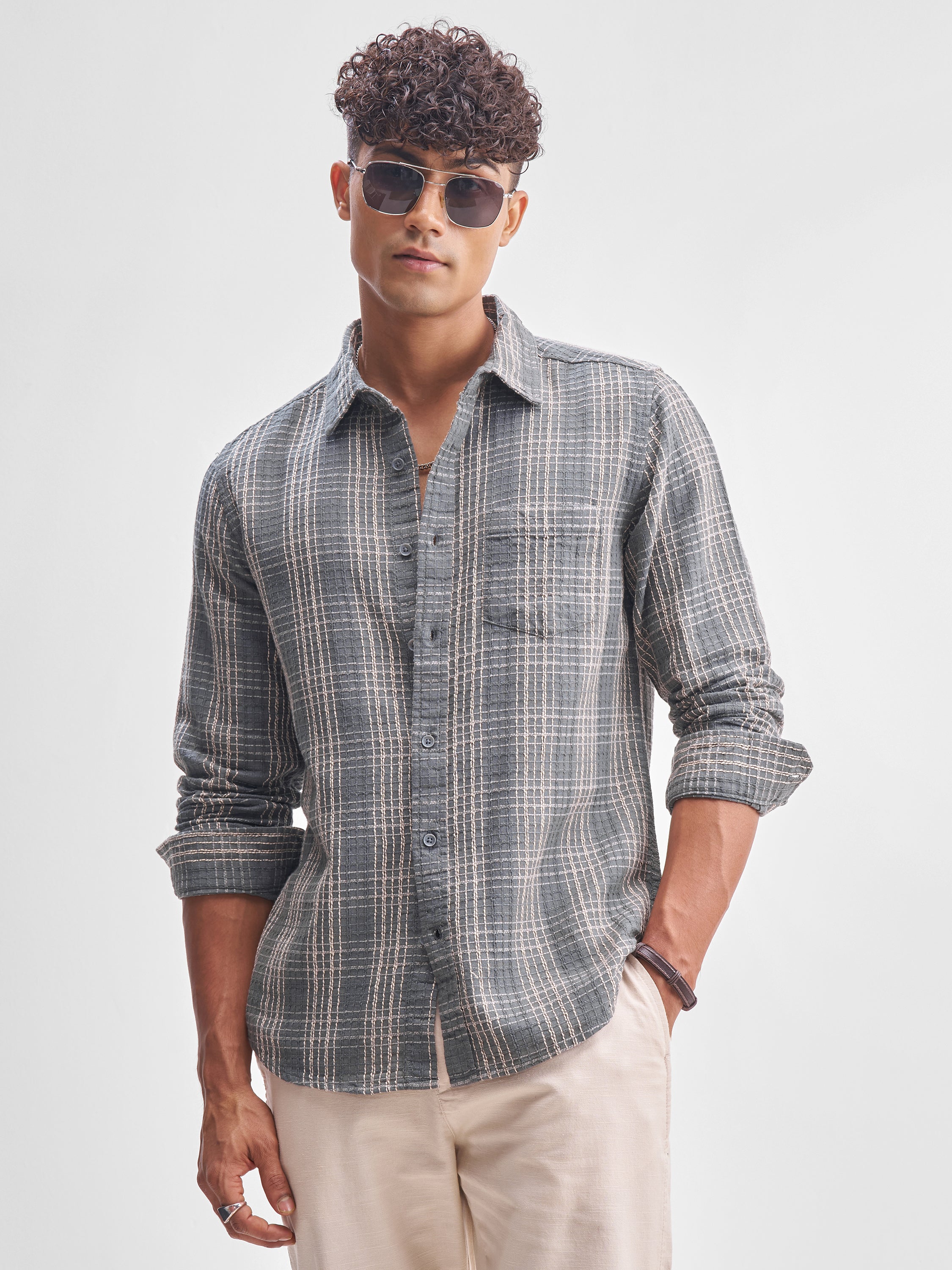 Highlander Men Blue Checked Slim Fit Casual Shirt - Blue - Image 1