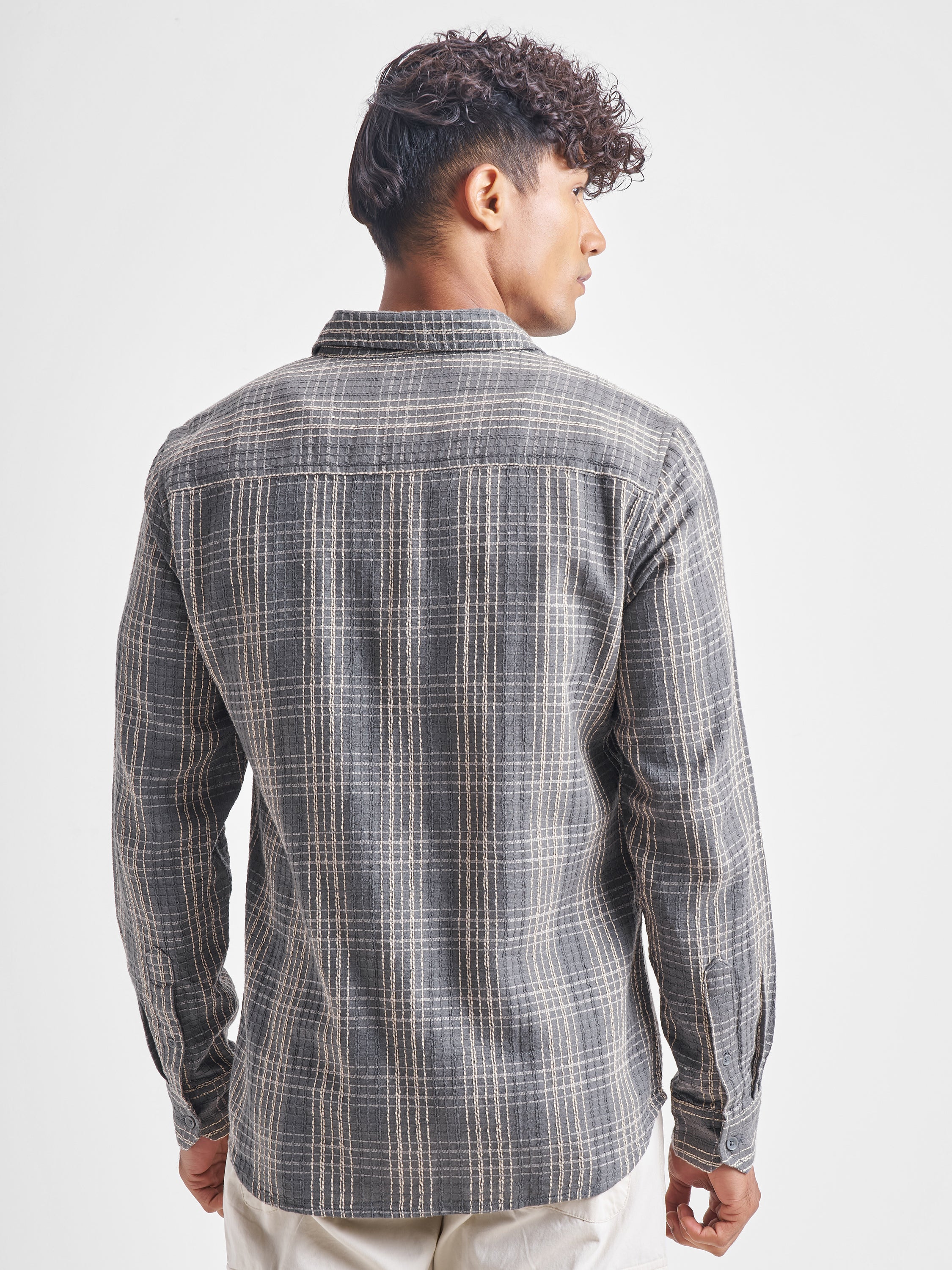 Highlander Men Grey Checked Slim Fit Casual Shirt - Grey - Image 3