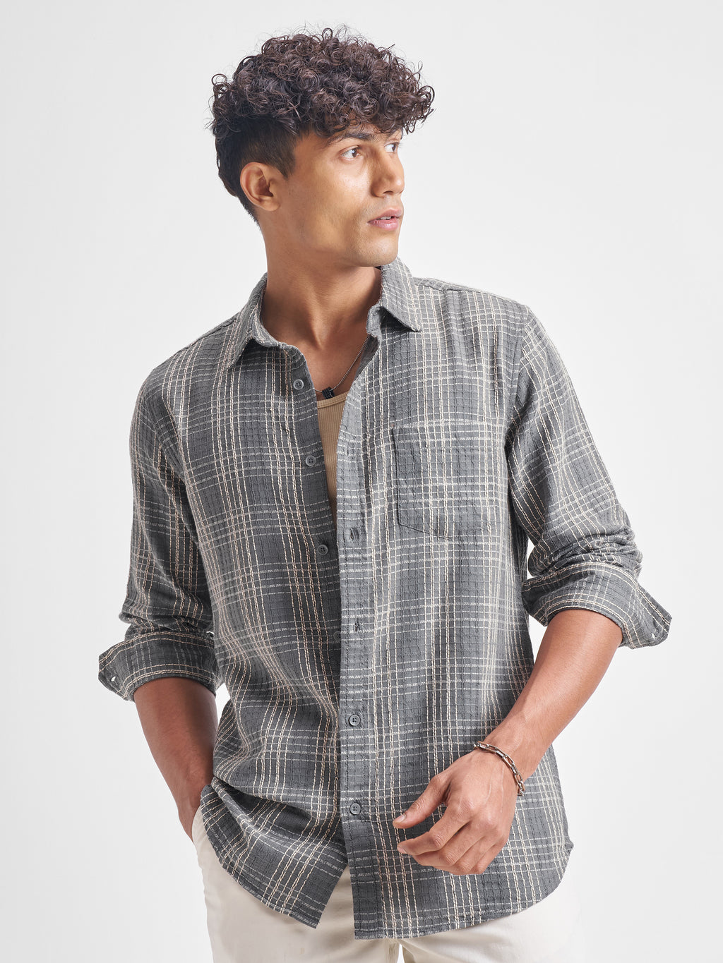 Highlander Men Grey Checked Slim Fit Casual Shirt - Grey - Image 4