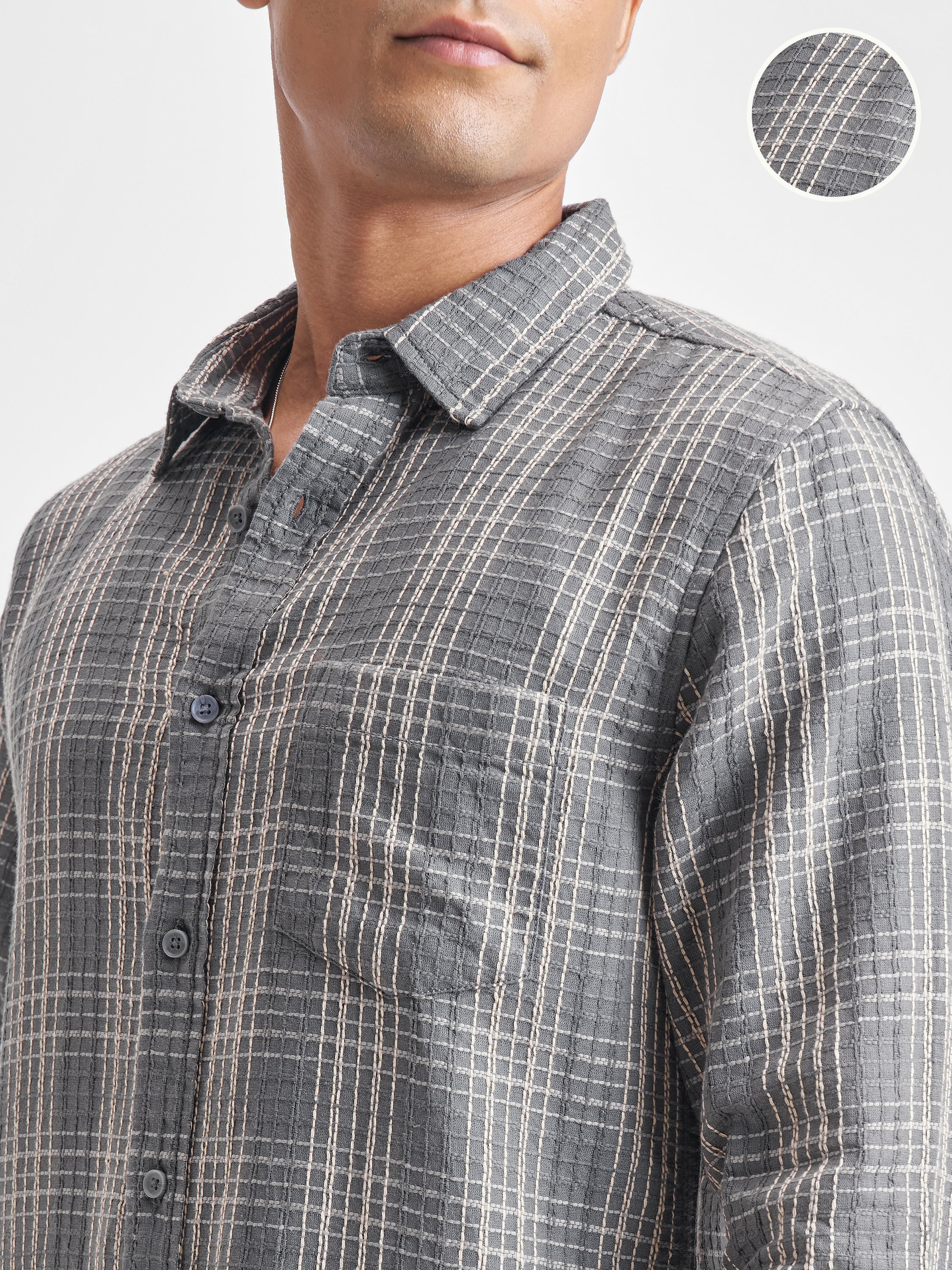 Highlander Men Grey Checked Slim Fit Casual Shirt - Grey - Image 5