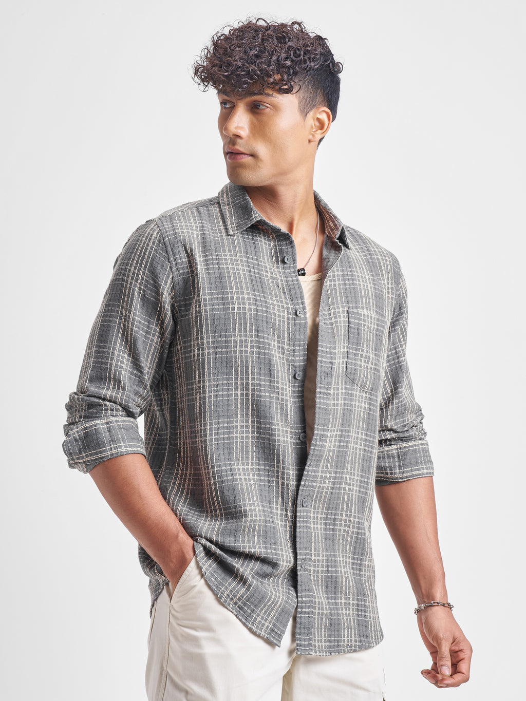 Highlander Men Grey Checked Slim Fit Casual Shirt - Grey - Image 6