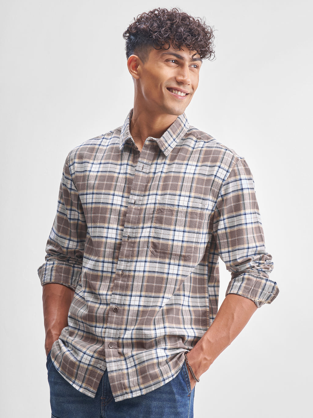 Highlander Men Beige Checked Relaxed Fit Casual Shirt - Beige - Image 4