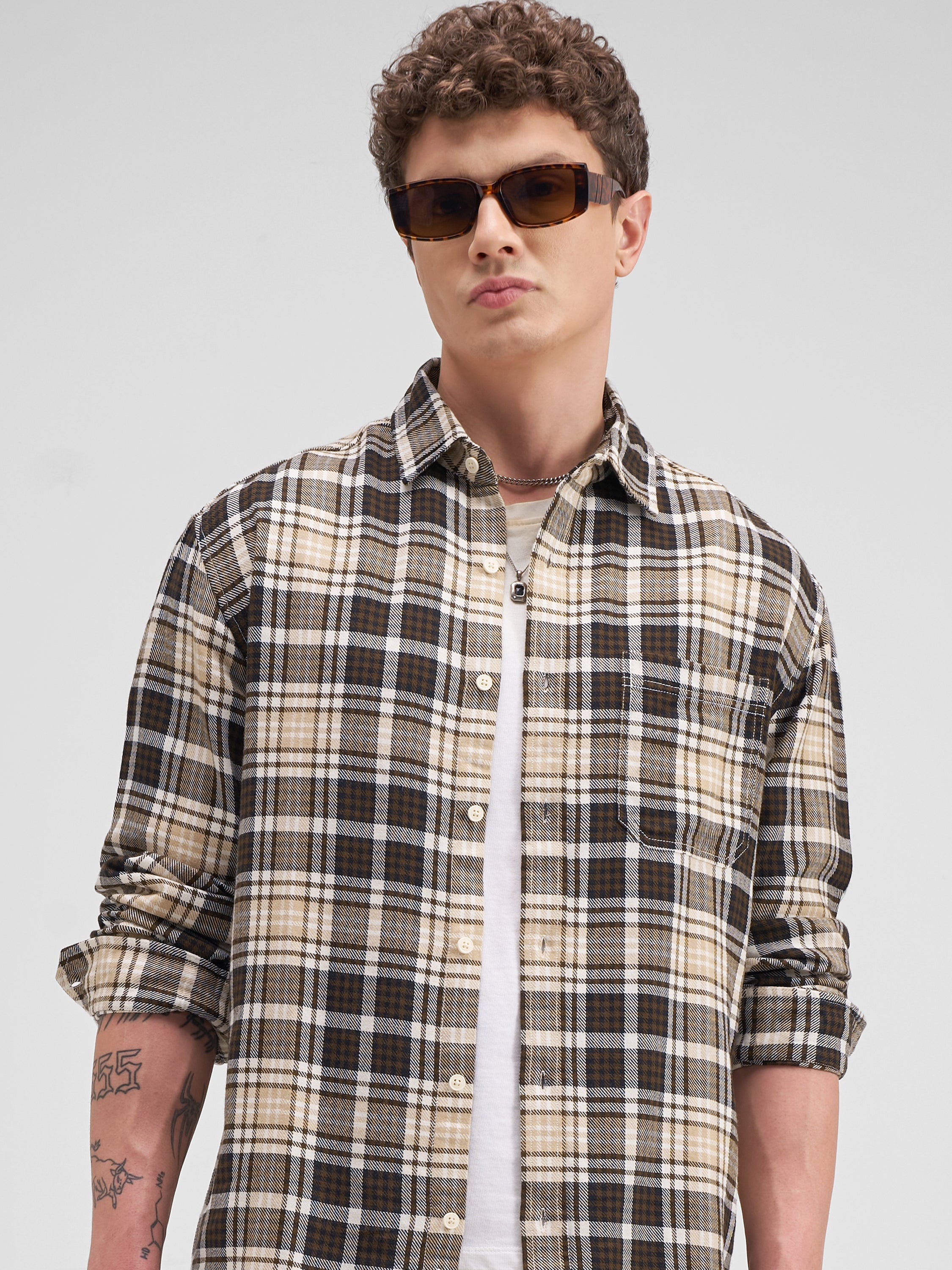 Highlander Men Brown Checked Relaxed Fit Casual Shirt - Brown - Image 1