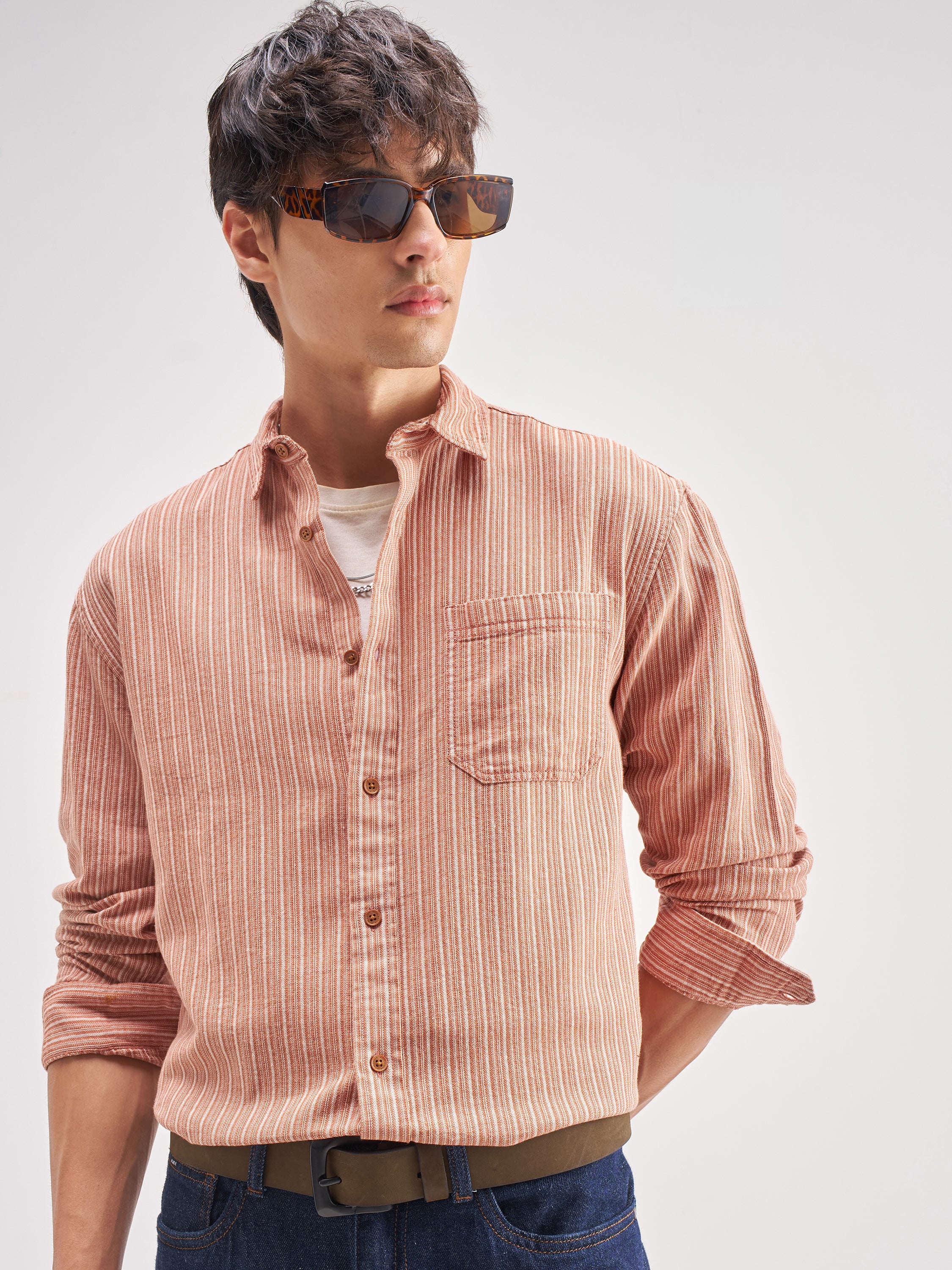 Highlander Men Rust Striped Relaxed Fit Casual Shirt - Rust - Image 1
