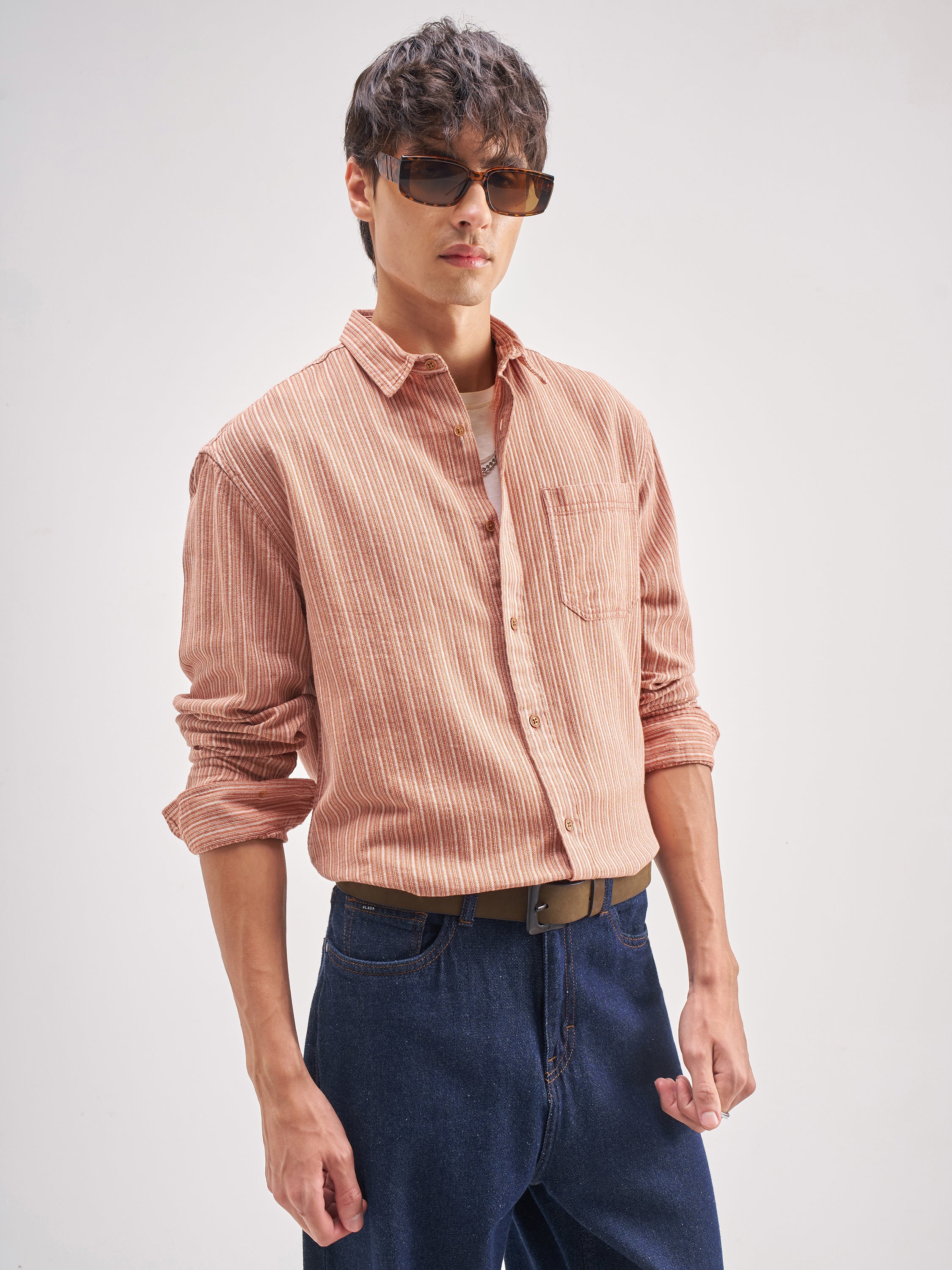 Highlander Men Rust Striped Relaxed Fit Casual Shirt - Rust - Image 6