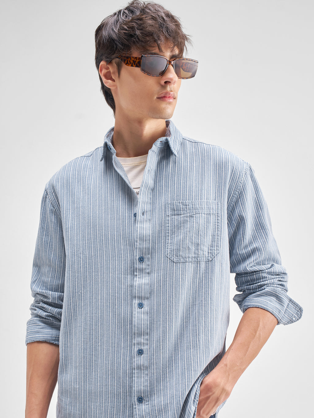 Highlander Men Blue Striped Relaxed Fit Casual Shirt - Blue - Image 1