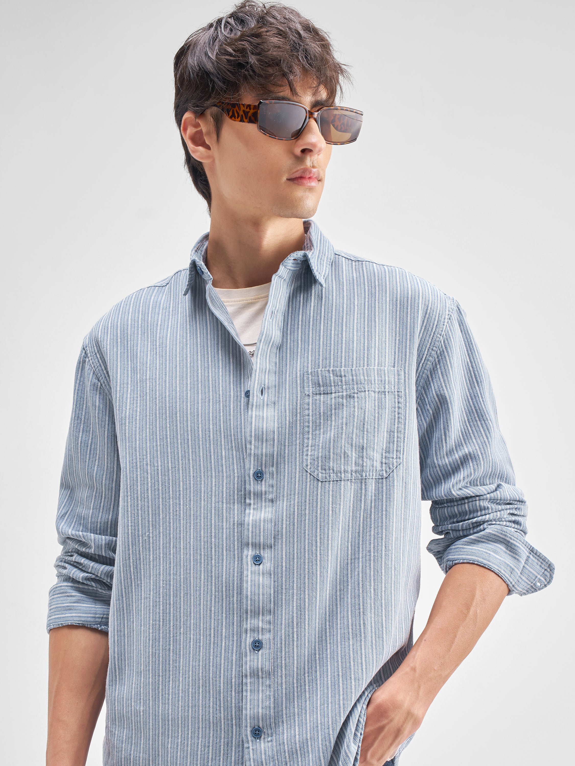 Highlander Men Blue Striped Relaxed Fit Casual Shirt - Blue - Image 1