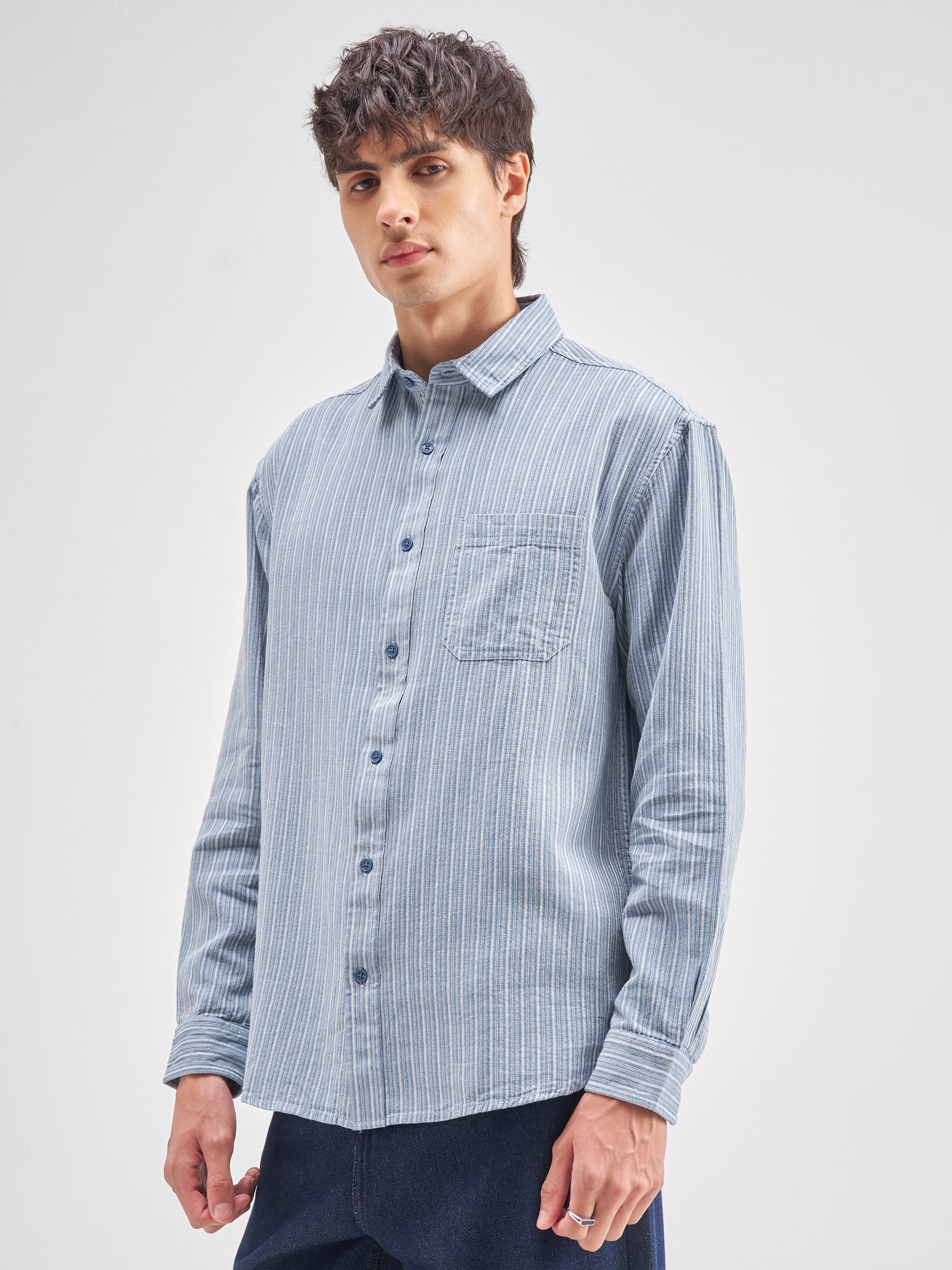 Highlander Men Blue Striped Relaxed Fit Casual Shirt - Blue - Image 4