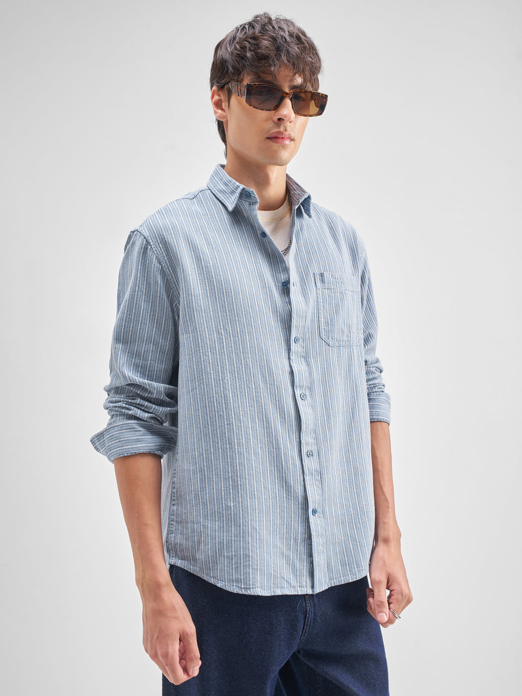 Highlander Men Blue Striped Relaxed Fit Casual Shirt - Blue - Image 6